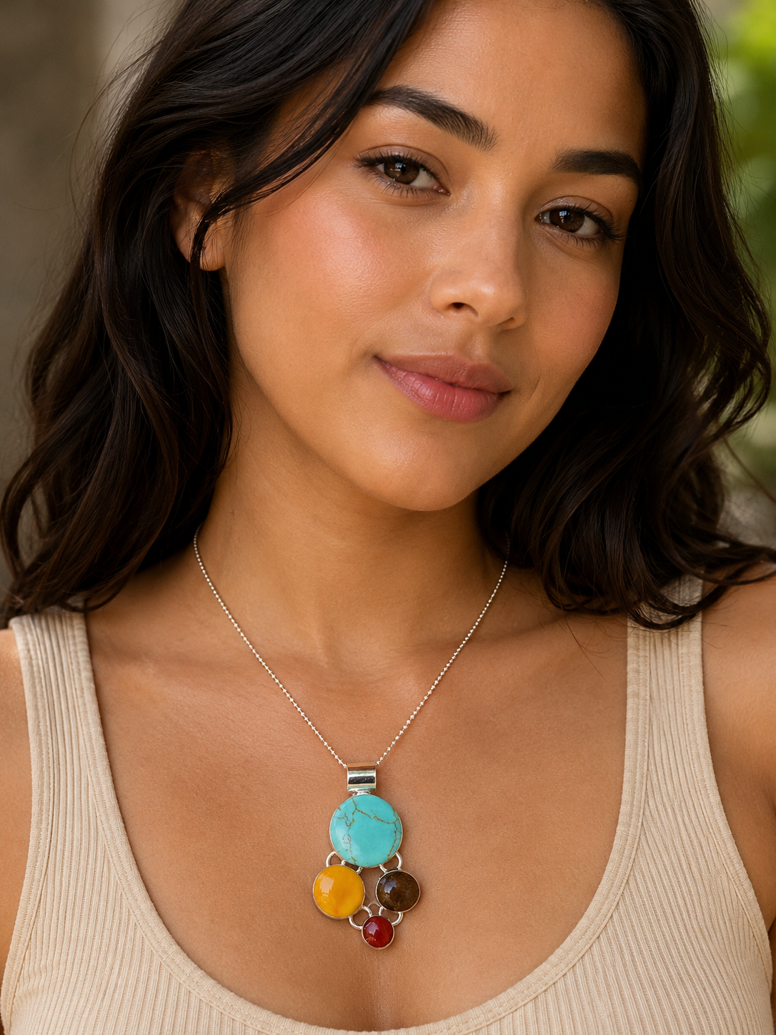 Turquoise & Spiny Circles Sterling Silver Pendant Necklace