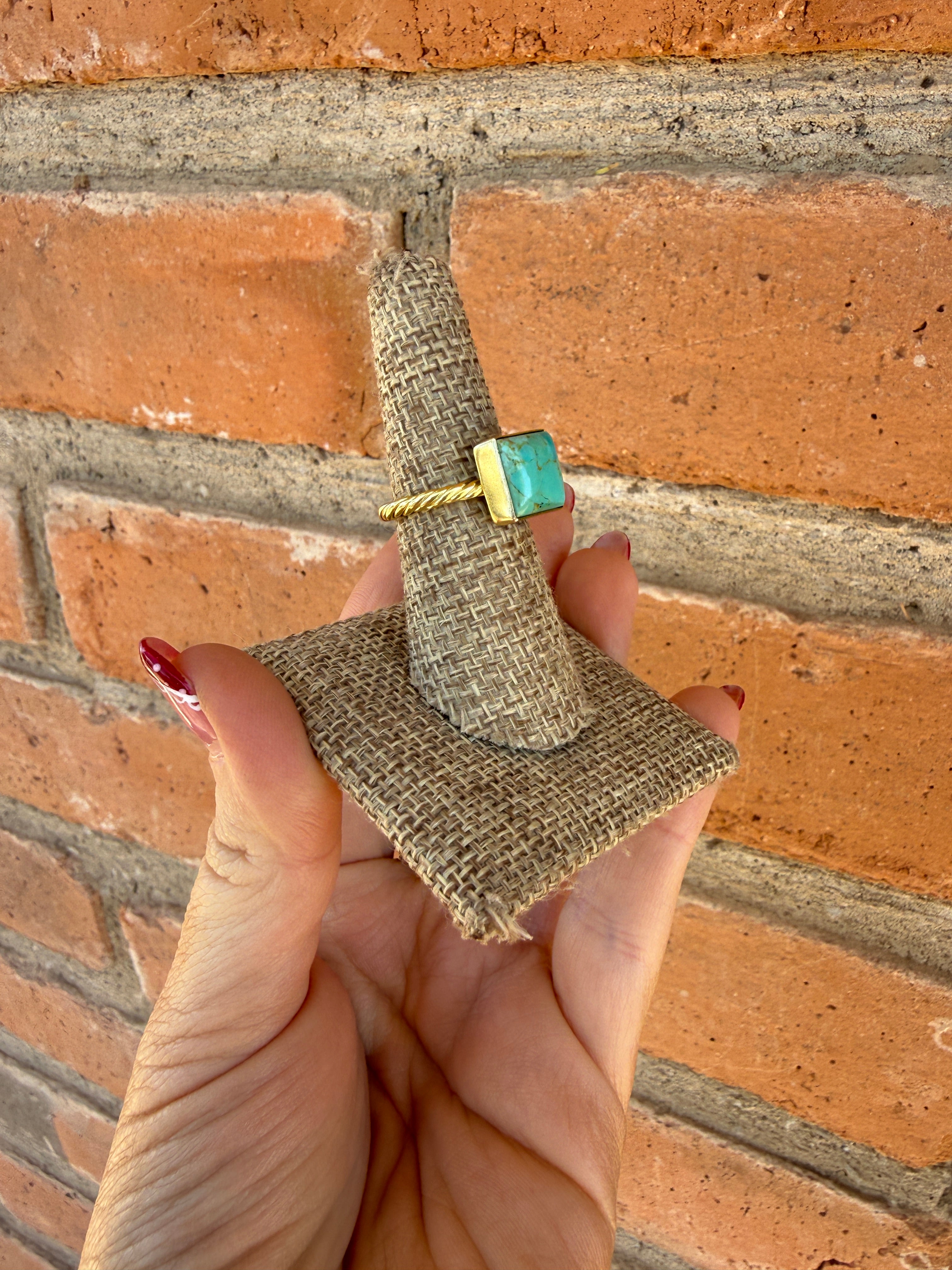 “The Golden Collection” Olive Square Handmade Natural Turquoise 14k Gold Plated Sterling Silver Adjustable Ring