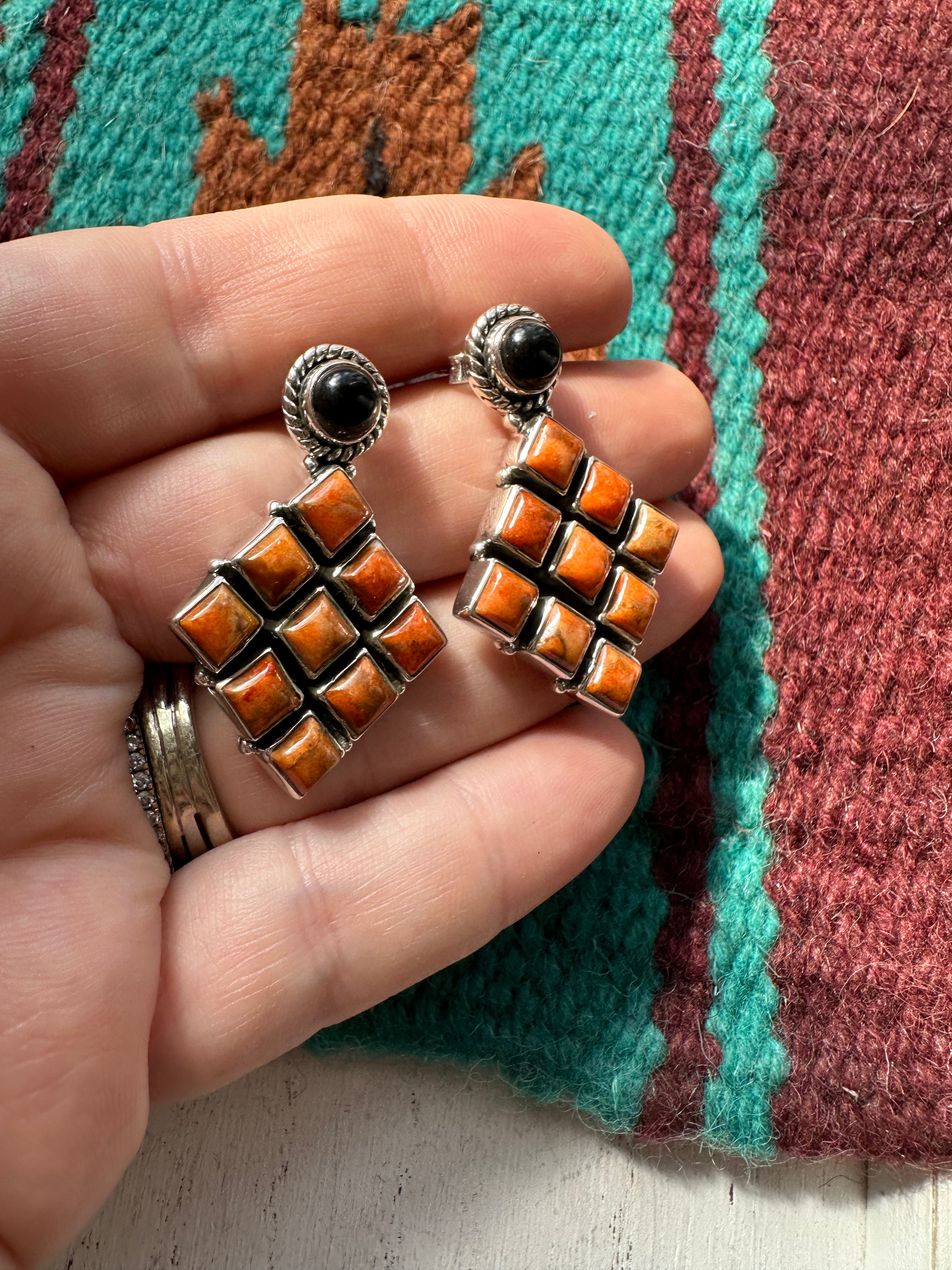 HALLOWEEN COLLECTION Nizhoni Black Onyx, Orange Mojave & Sterling Silver Dangle Earrings