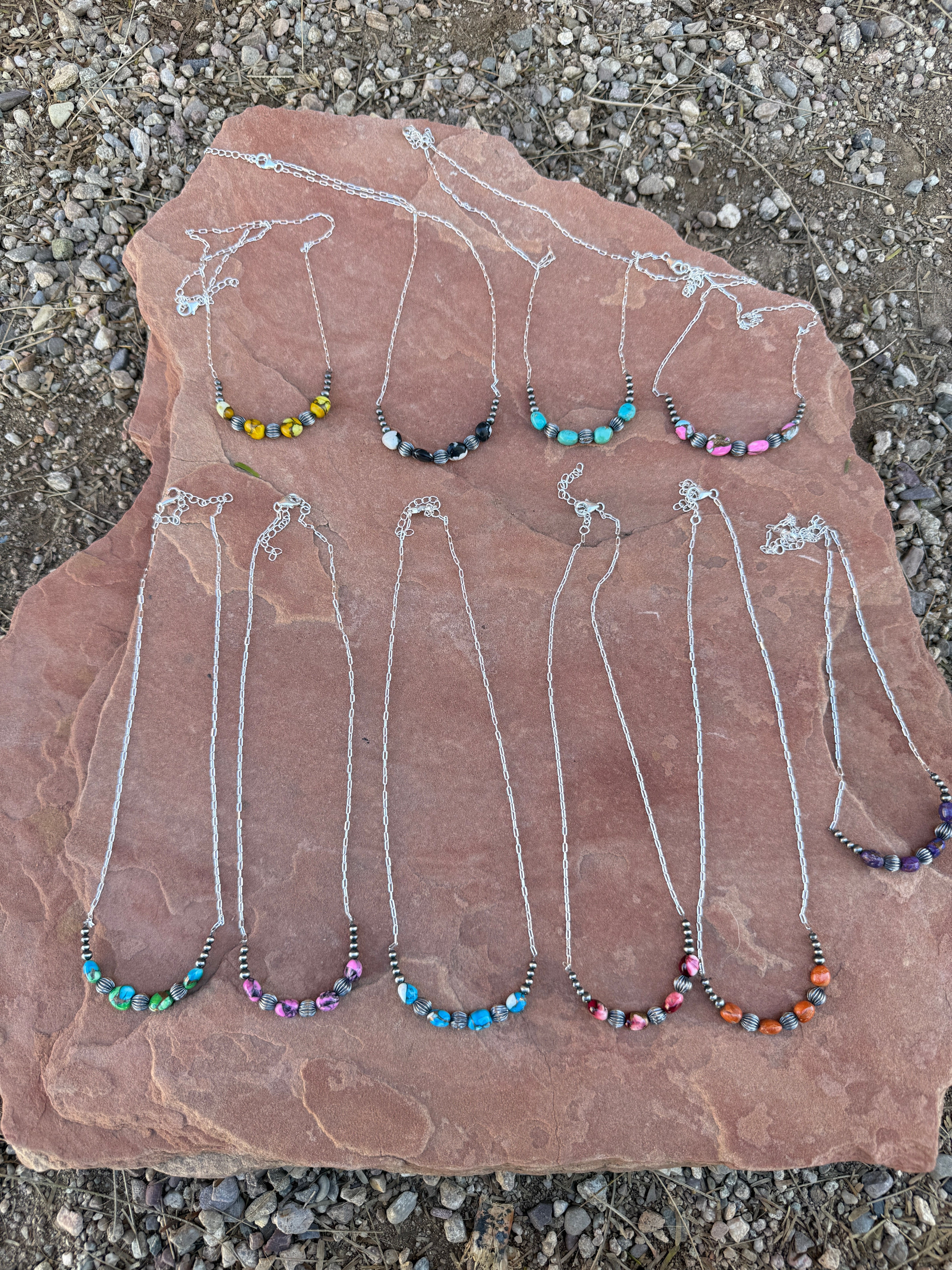 Handmade Sterling Silver Beaded Multi Stone Necklace "Signed Nizhoni"
