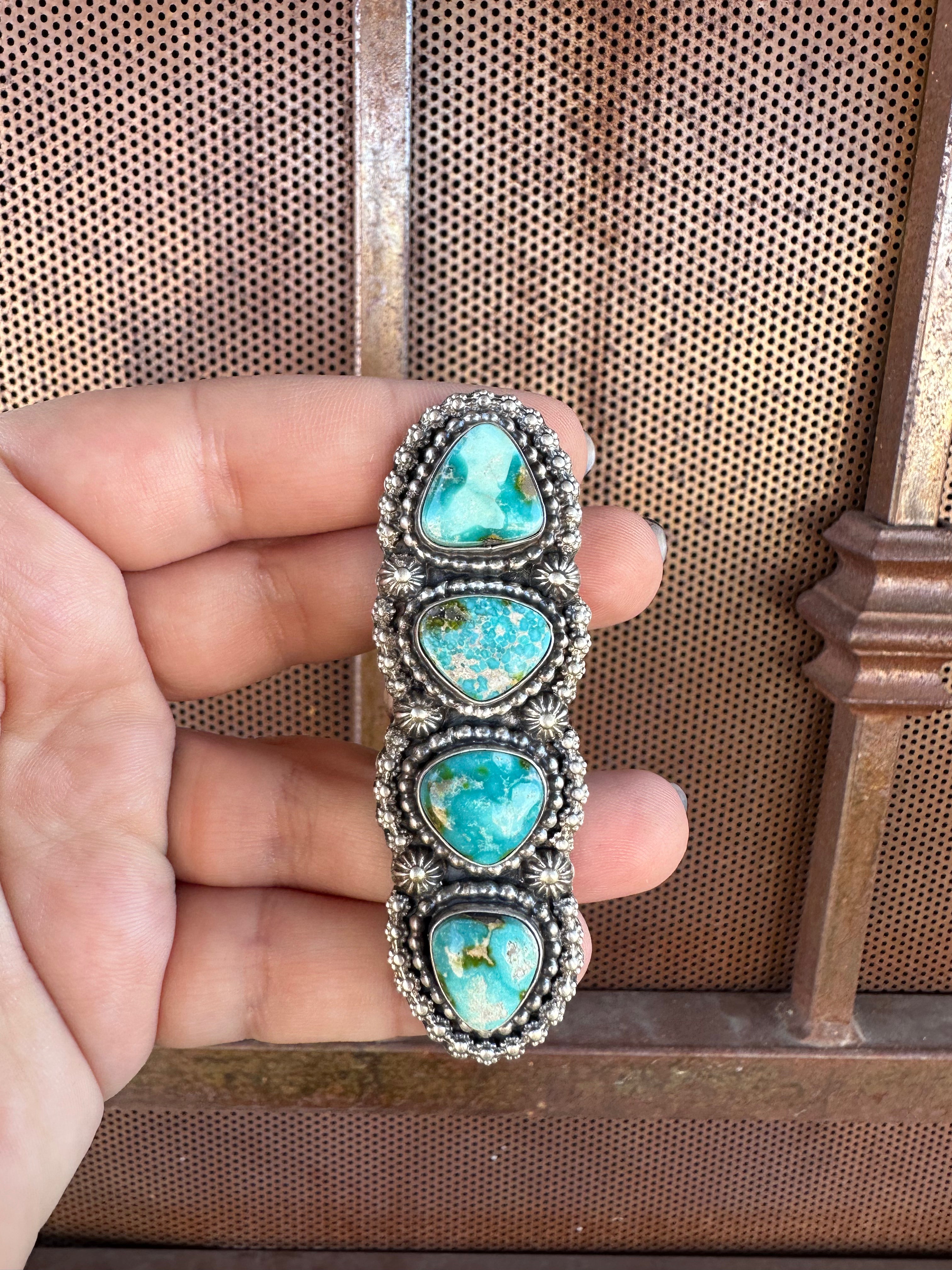Navajo Sonoran Mountain Turquoise & Sterling Silver 4 Stone Ring Size 7.5 Signed