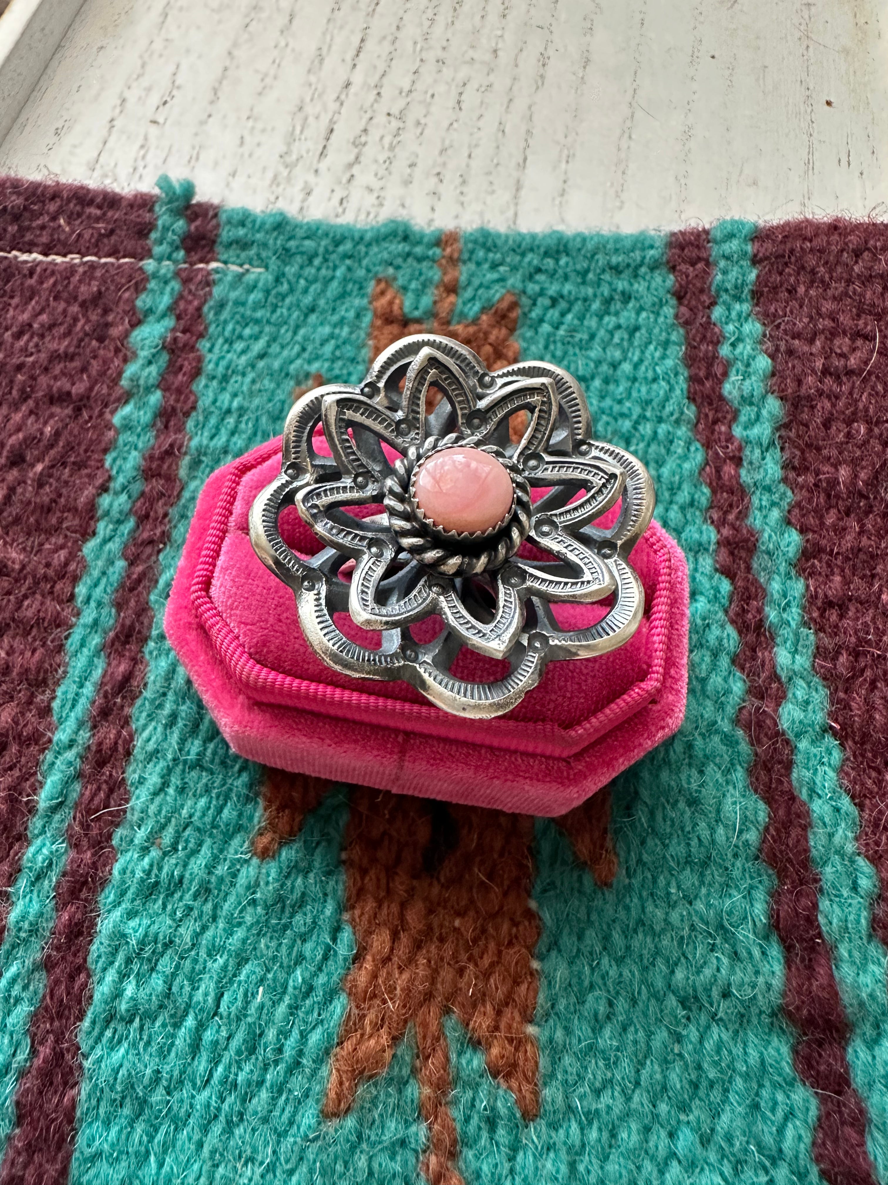 Navajo Pink Conch And Sterling Silver Adjustable Flower Ring Signed K Billah
