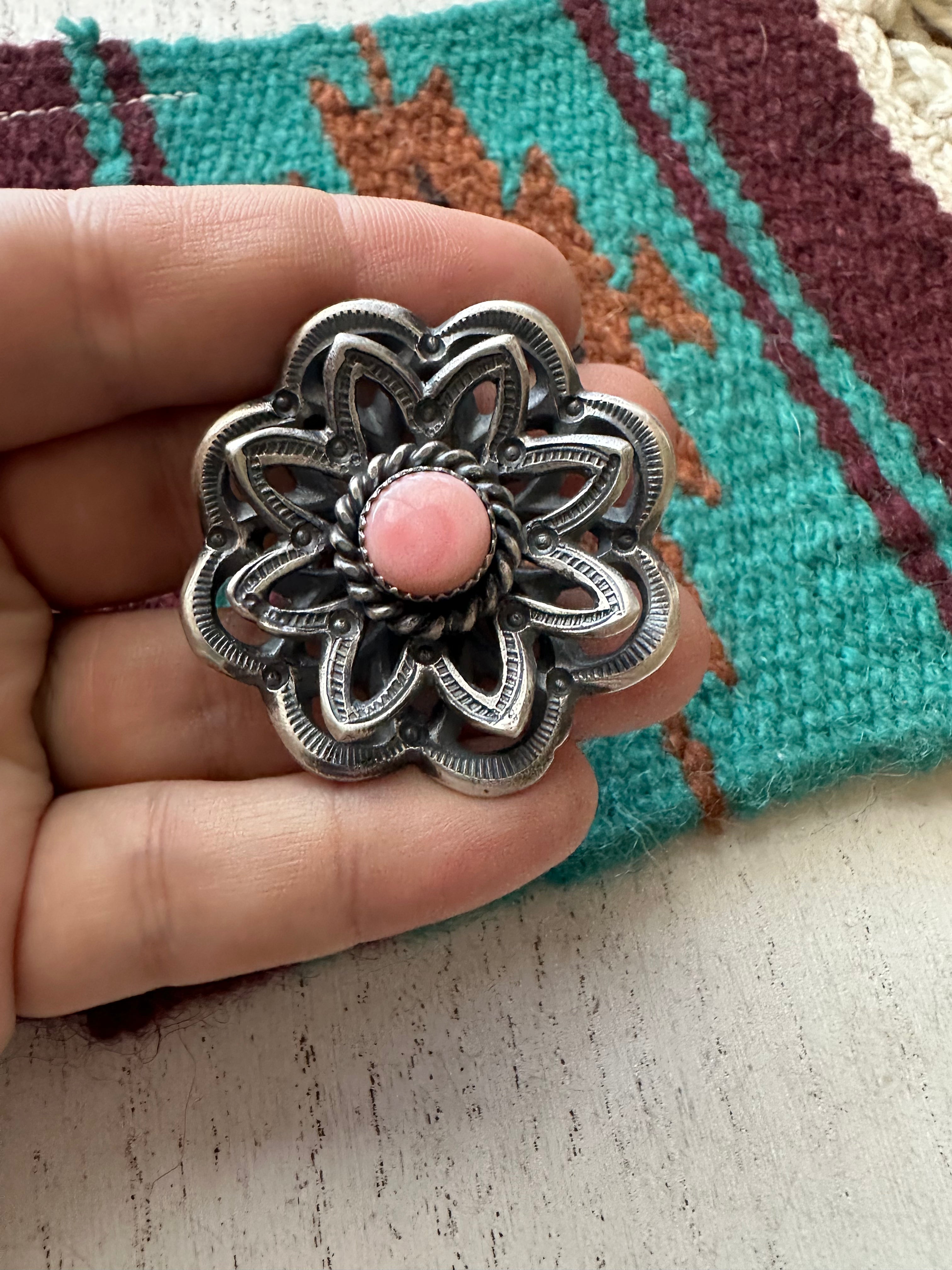 Navajo Pink Conch And Sterling Silver Adjustable Flower Ring Signed K Billah