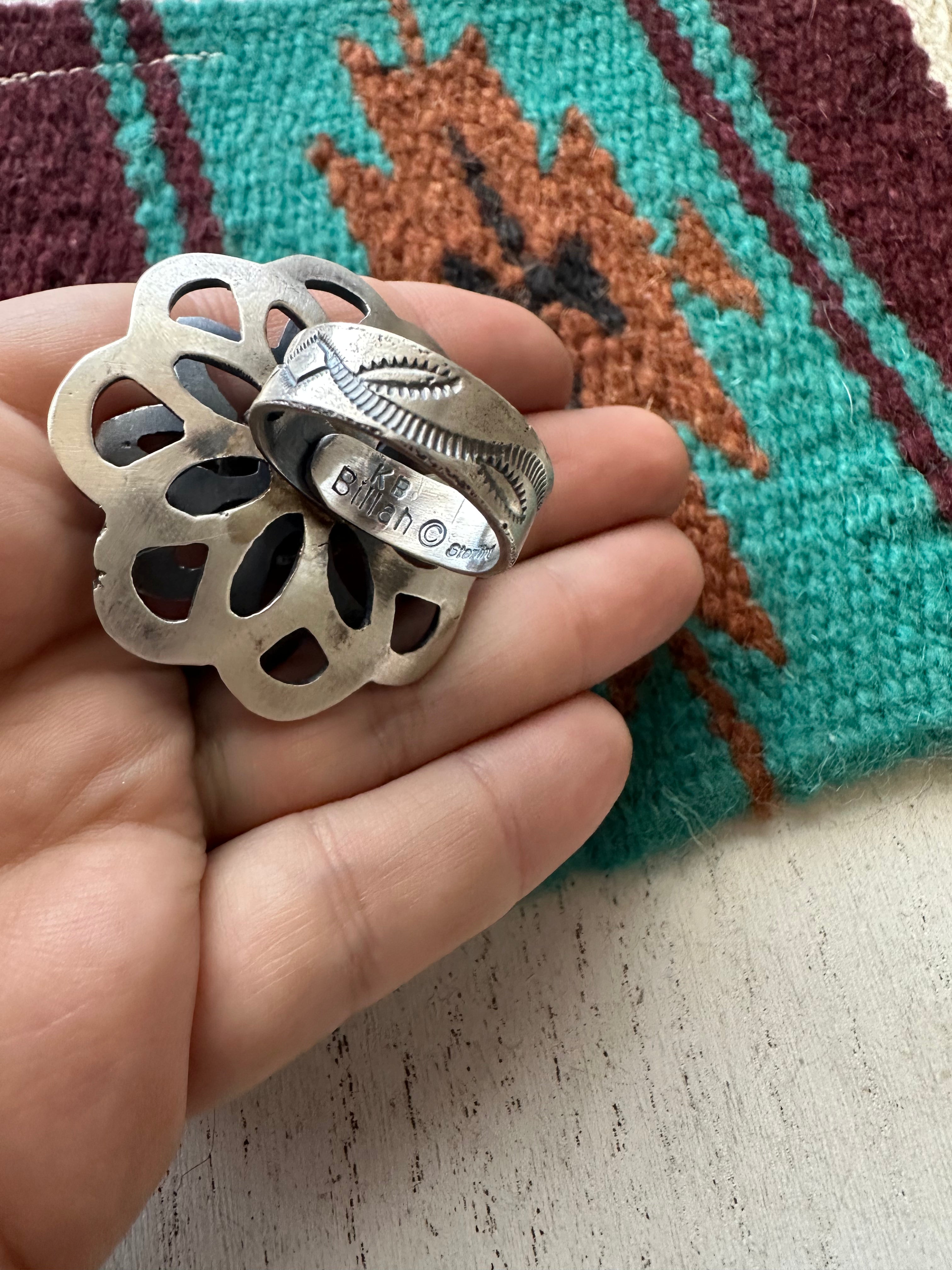 Navajo Pink Conch And Sterling Silver Adjustable Flower Ring Signed K Billah