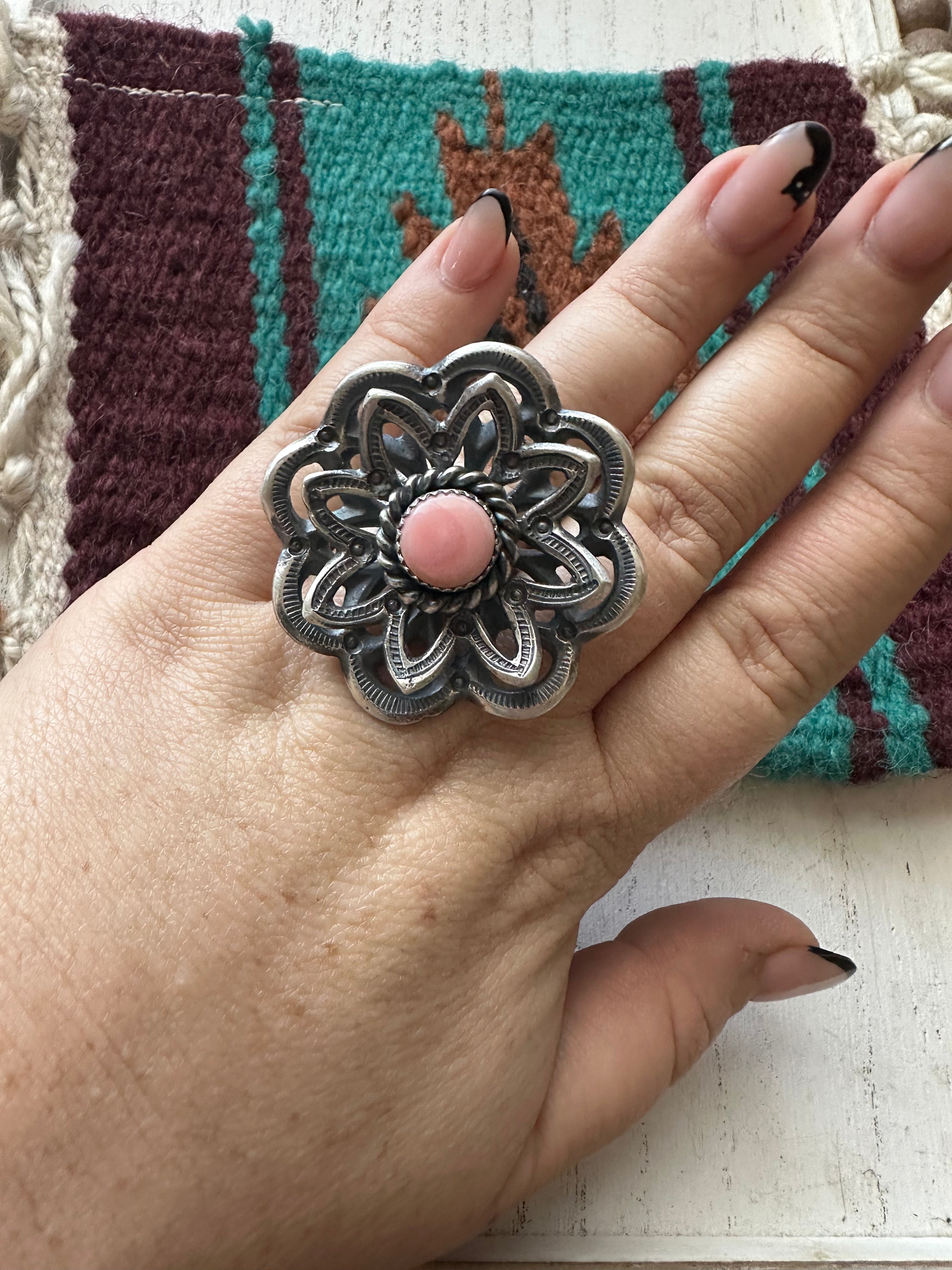 Navajo Pink Conch And Sterling Silver Adjustable Flower Ring Signed K Billah