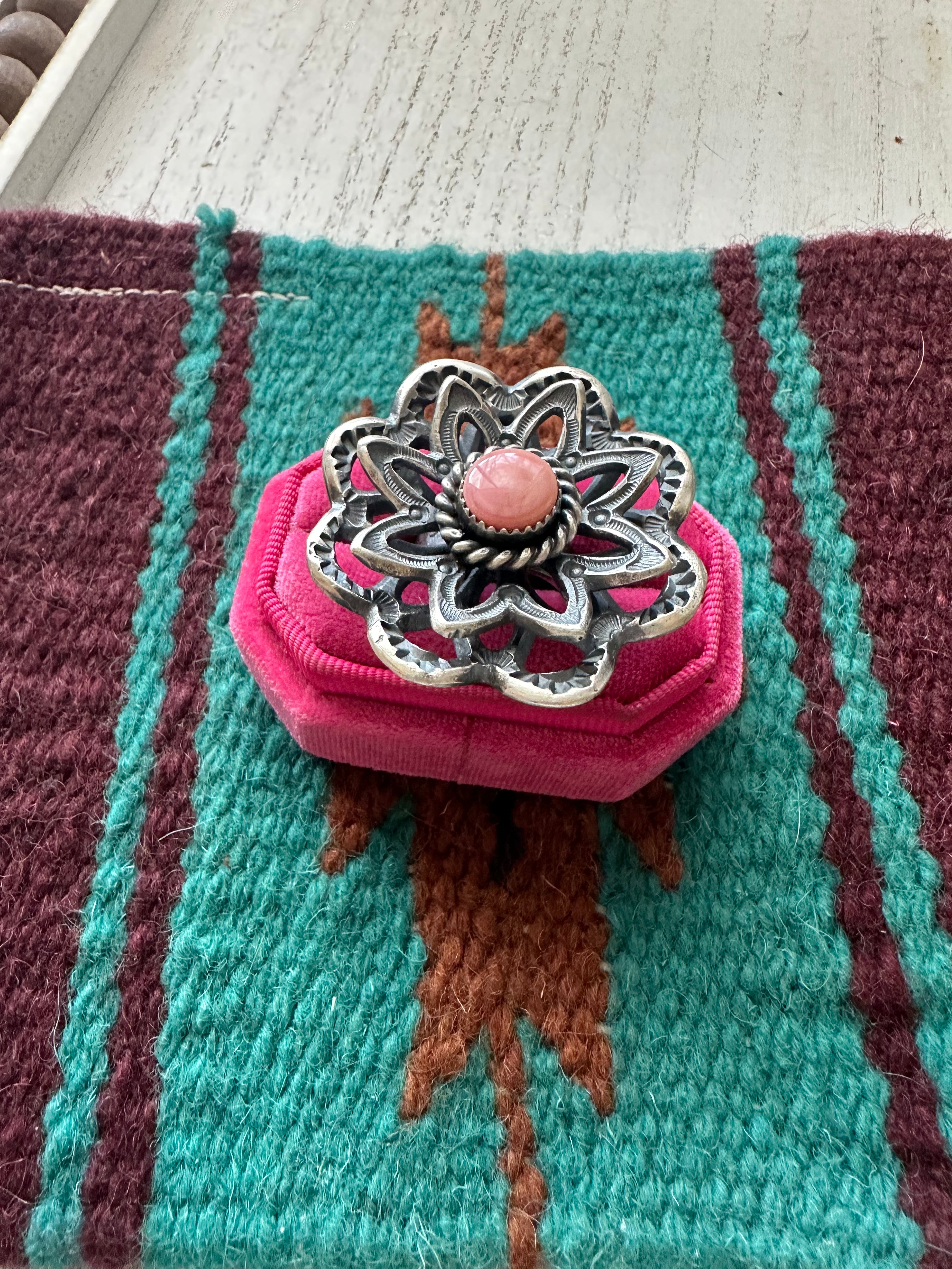 Navajo Pink Conch And Sterling Silver Adjustable Flower Ring Signed K Billah