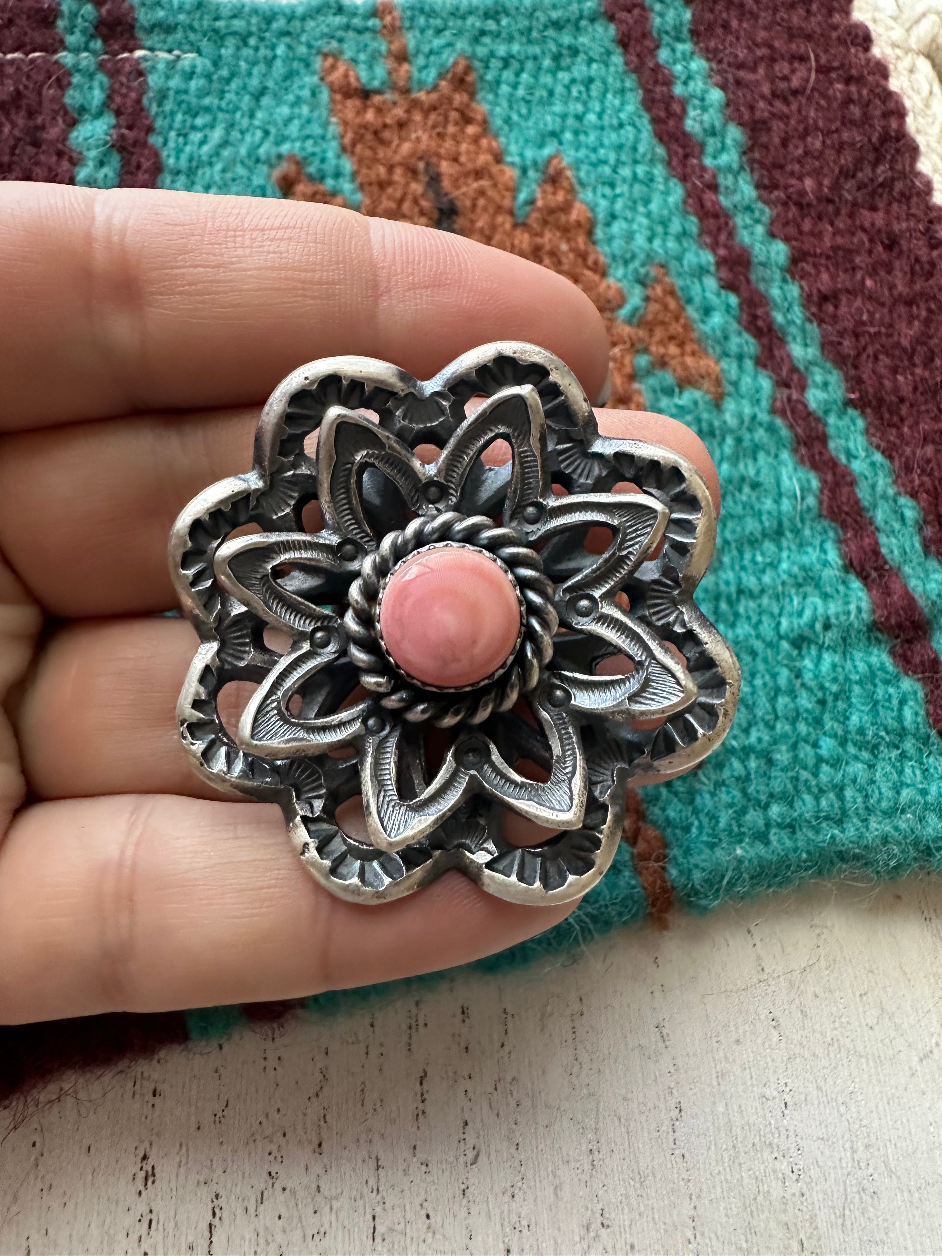 Navajo Pink Conch And Sterling Silver Adjustable Flower Ring Signed K Billah