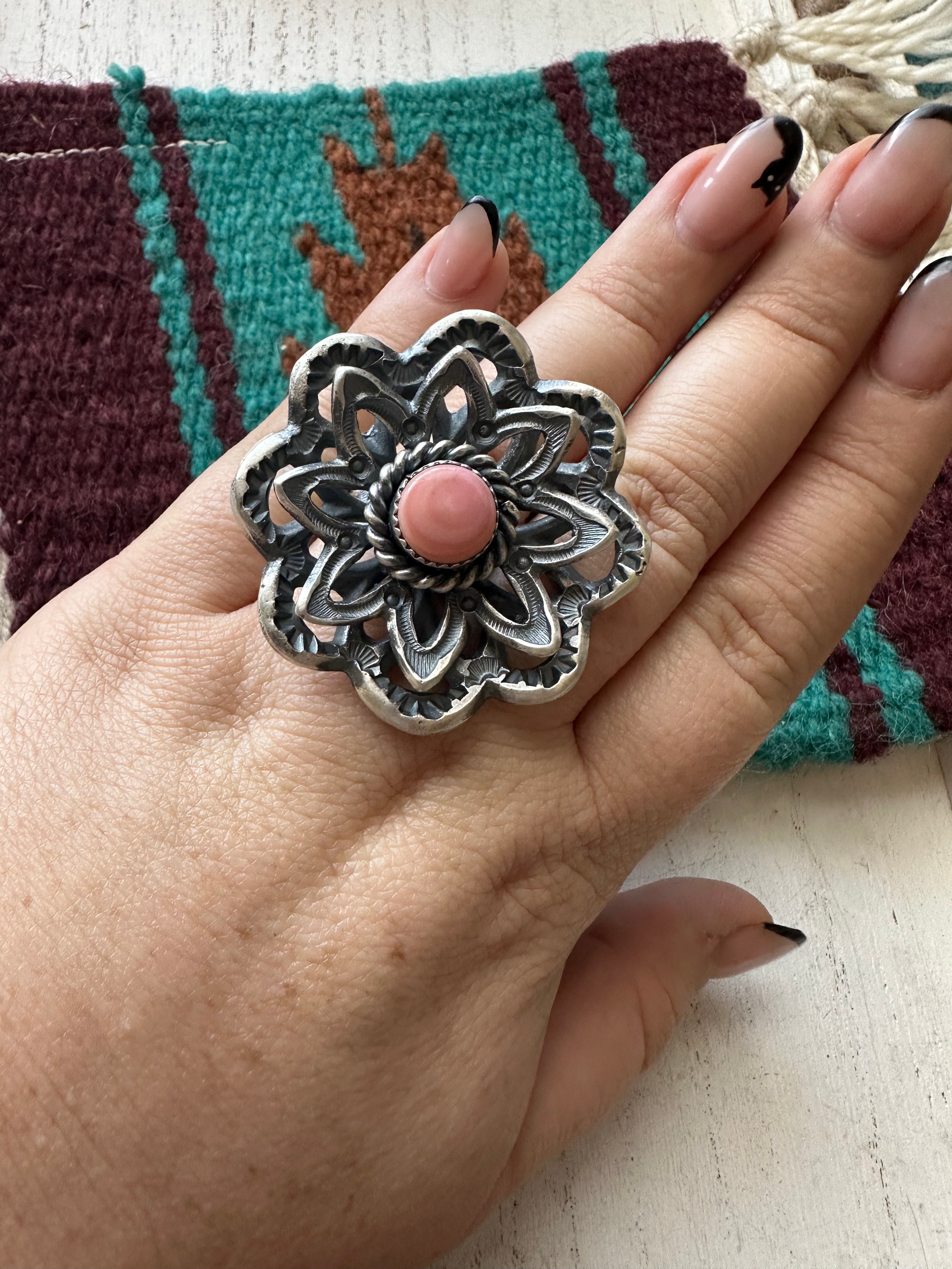 Navajo Pink Conch And Sterling Silver Adjustable Flower Ring Signed K Billah