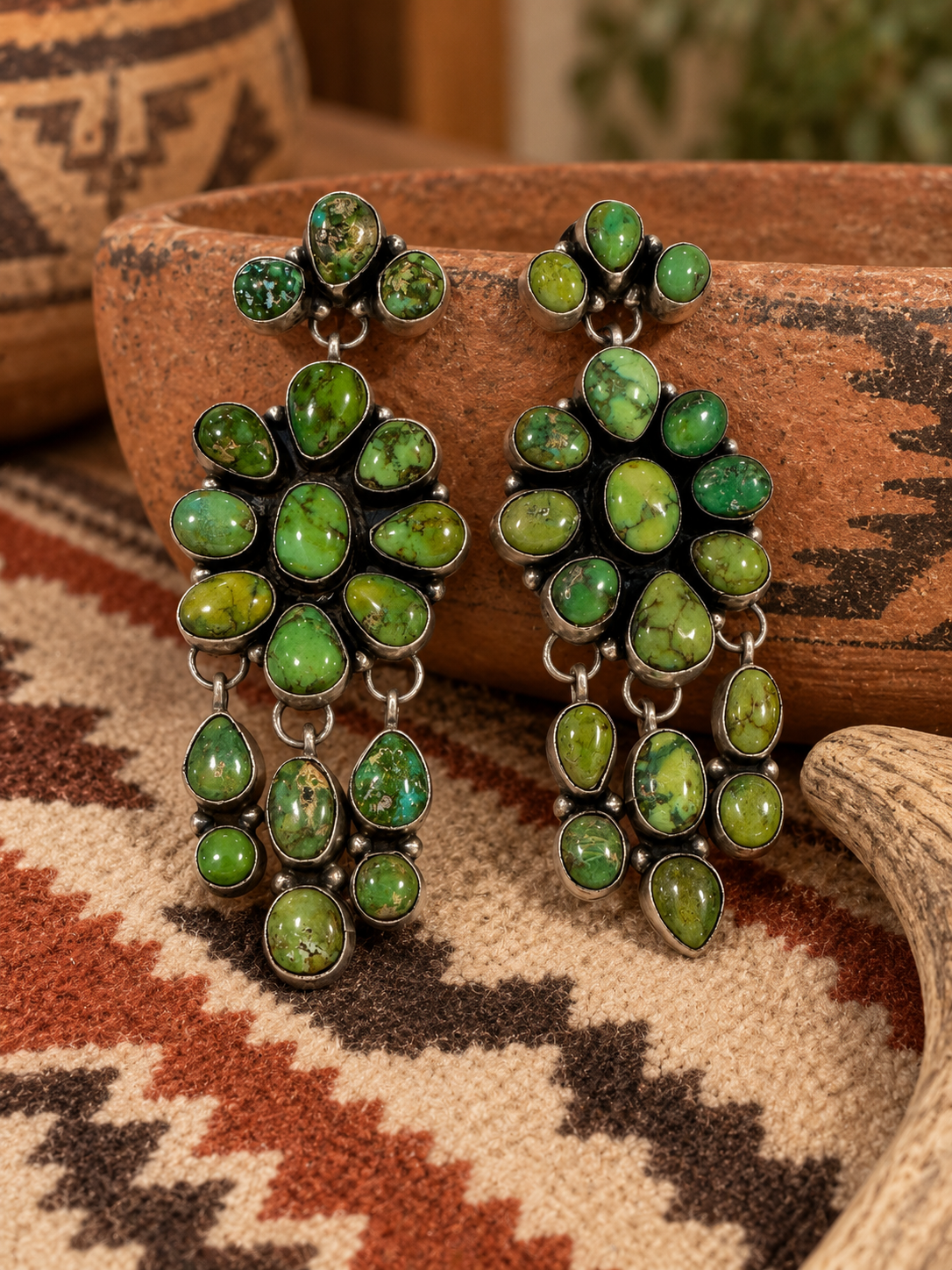 Handcrafted Sterling Silver & Sonoran Gold Turquoise Dangle Earrings Signed Ella Peter