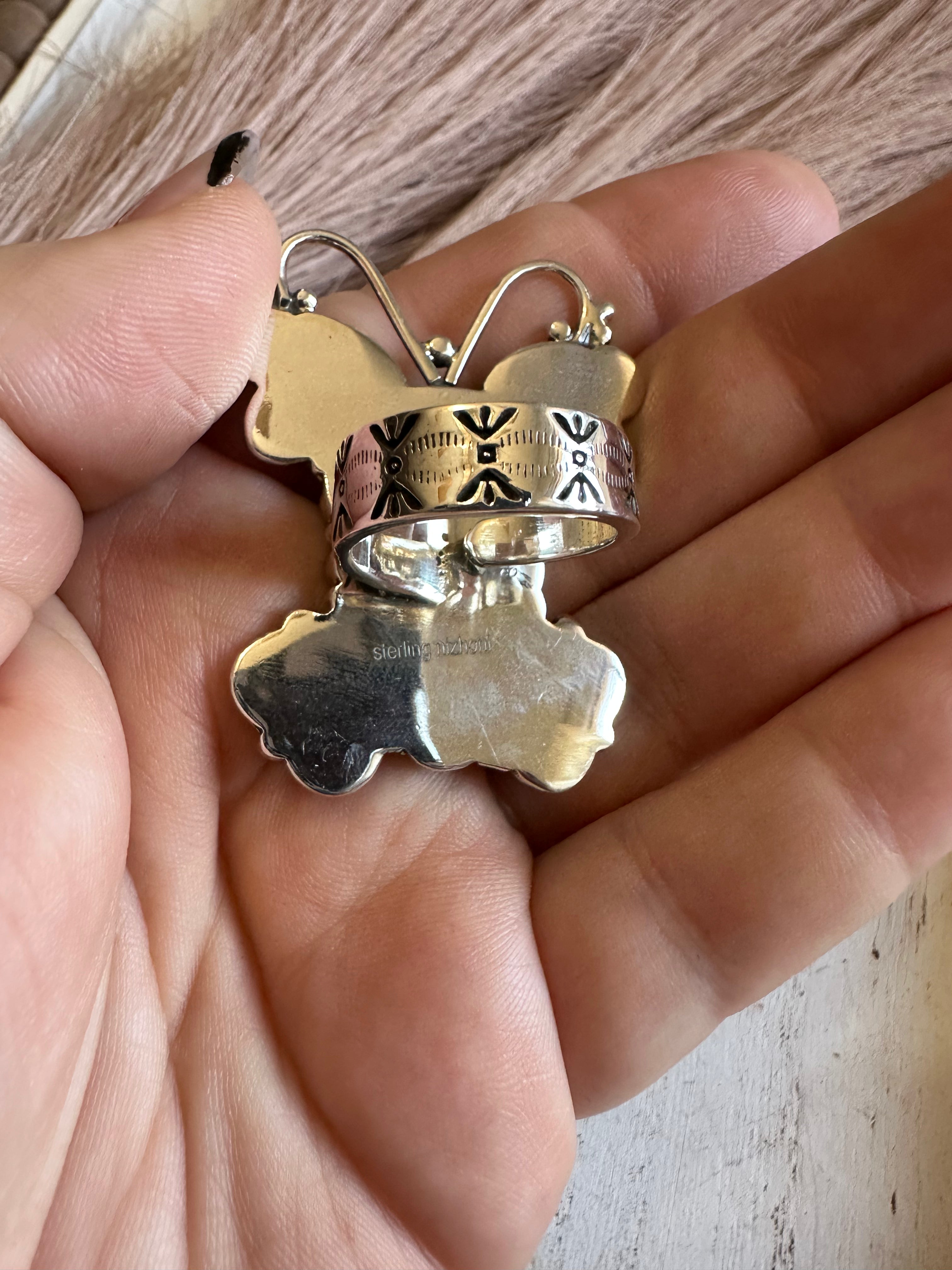 Handmade Turquoise & Sterling Silver Adjustable Butterfly Ring Signed Nizhoni