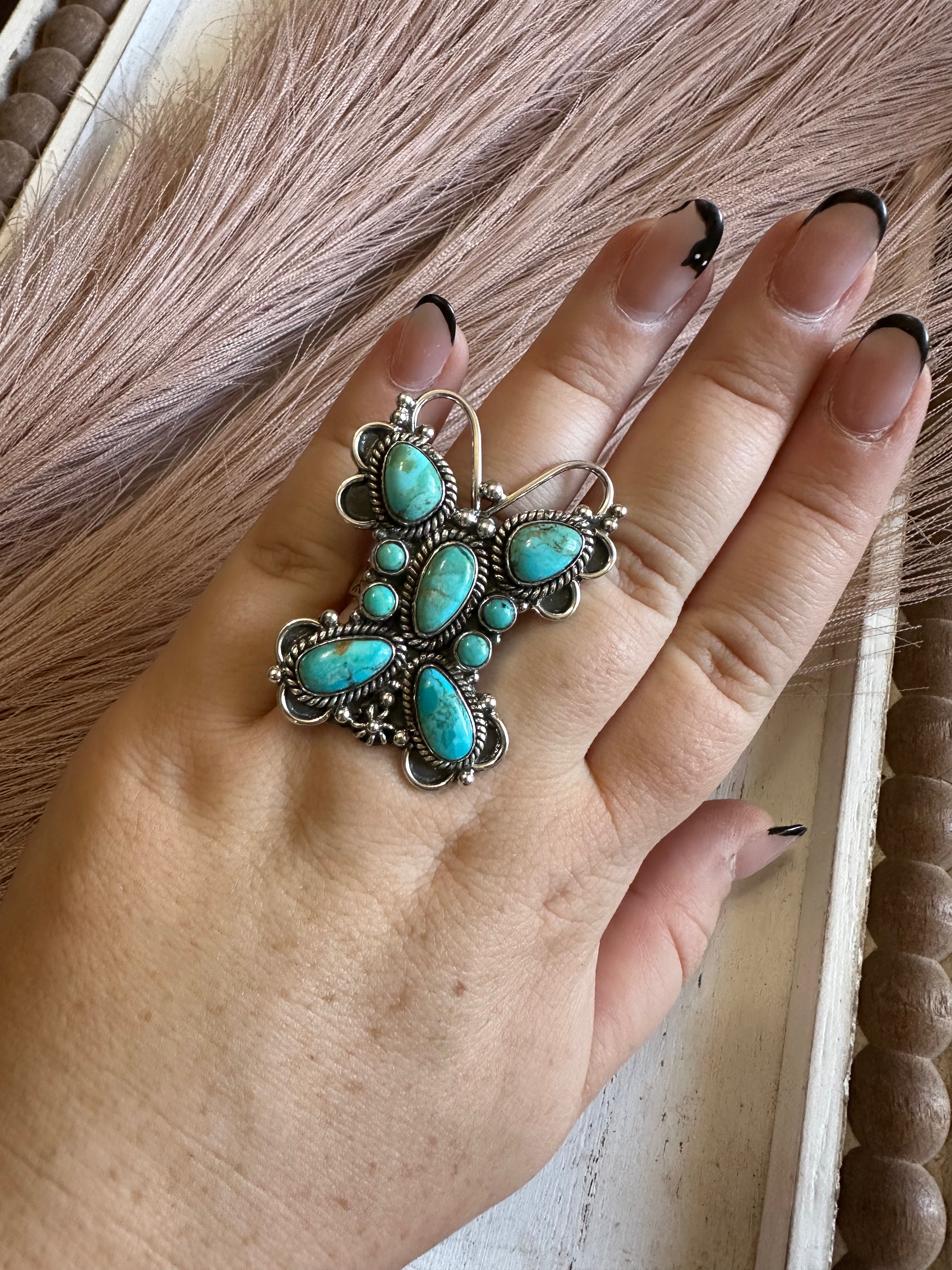 Handmade Turquoise & Sterling Silver Adjustable Butterfly Ring Signed Nizhoni
