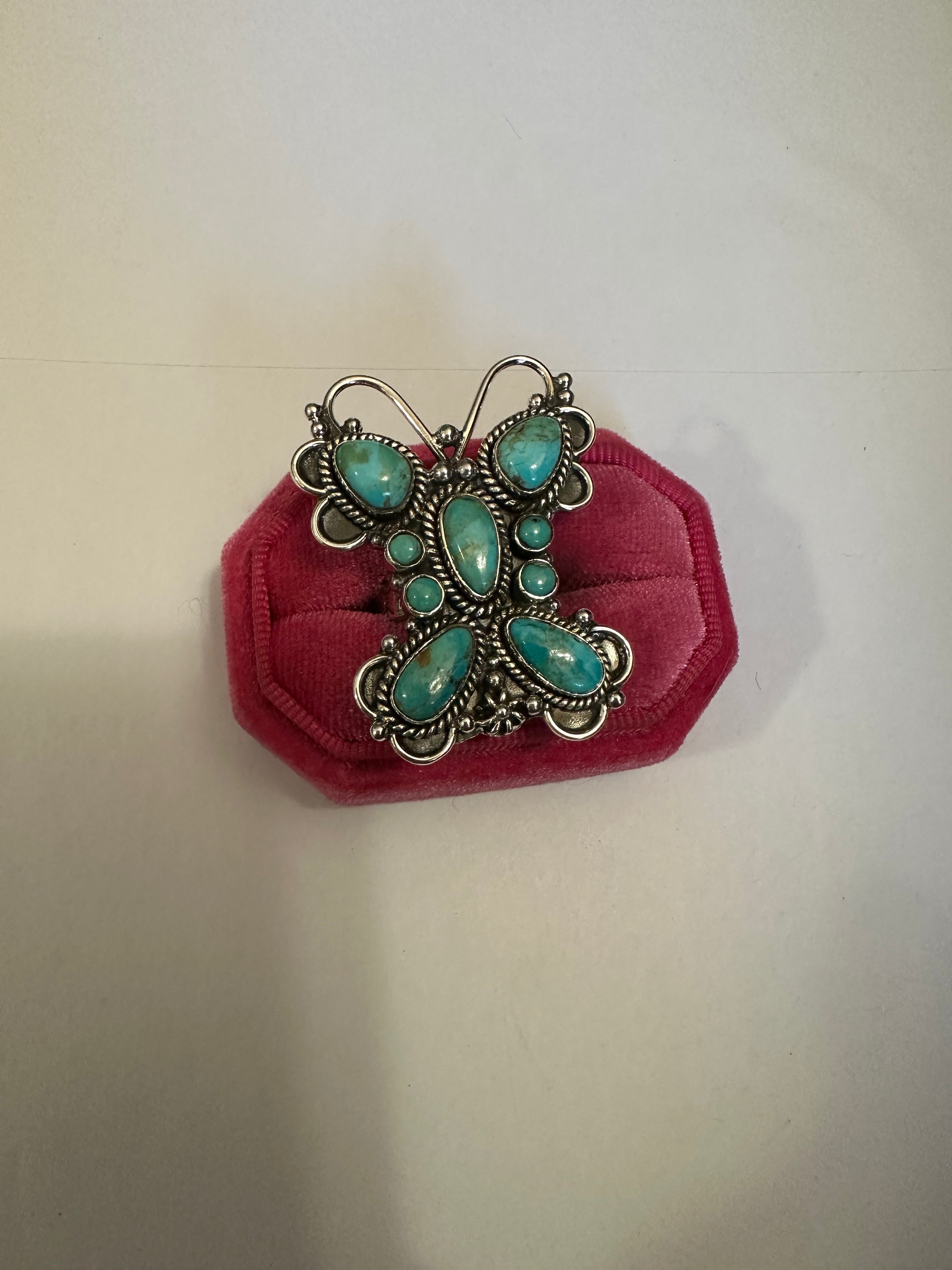 Handmade Turquoise & Sterling Silver Adjustable Butterfly Ring Signed Nizhoni