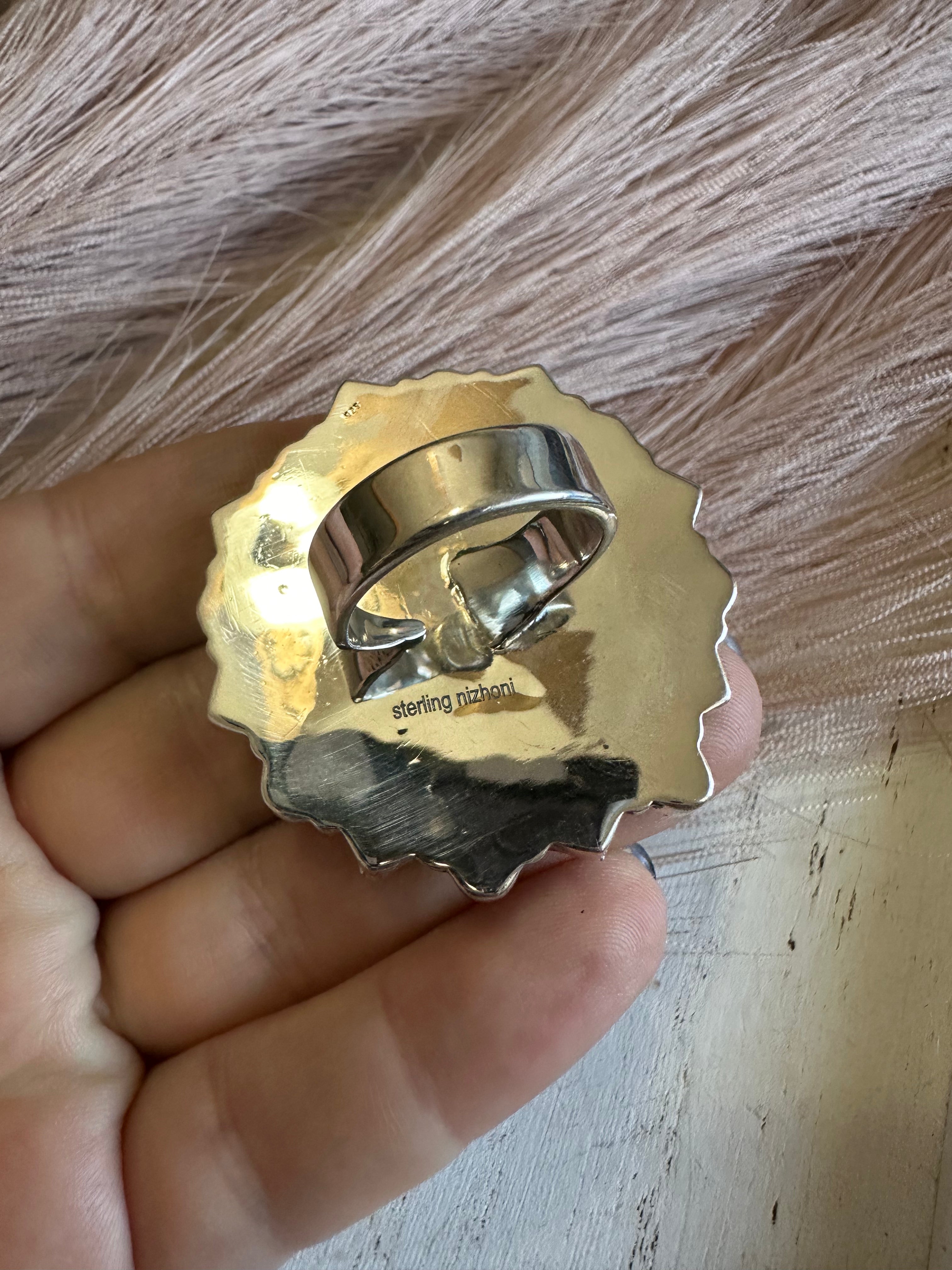 Handmade Wild Horse, Pink Conch & Sterling Silver Adjustable Ring Signed Nizhoni