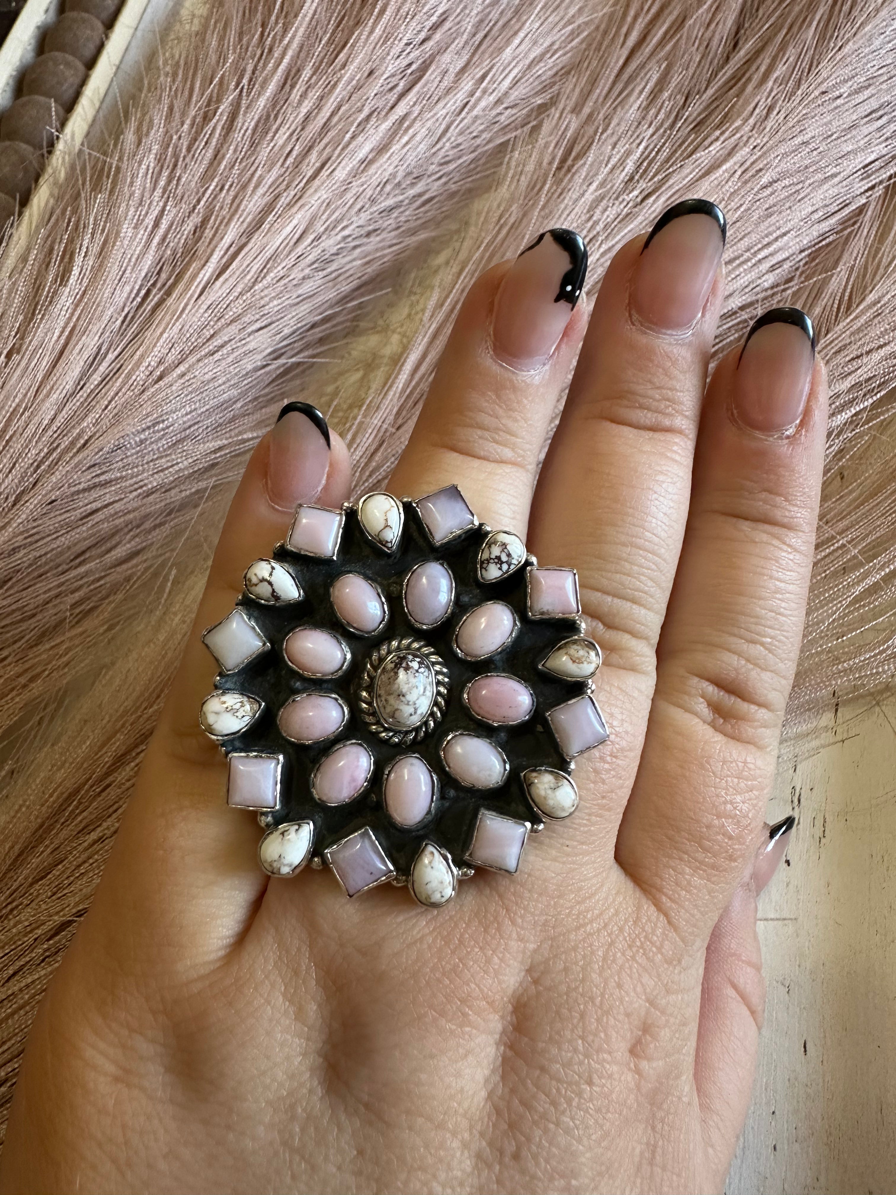 Handmade Wild Horse, Pink Conch & Sterling Silver Adjustable Ring Signed Nizhoni