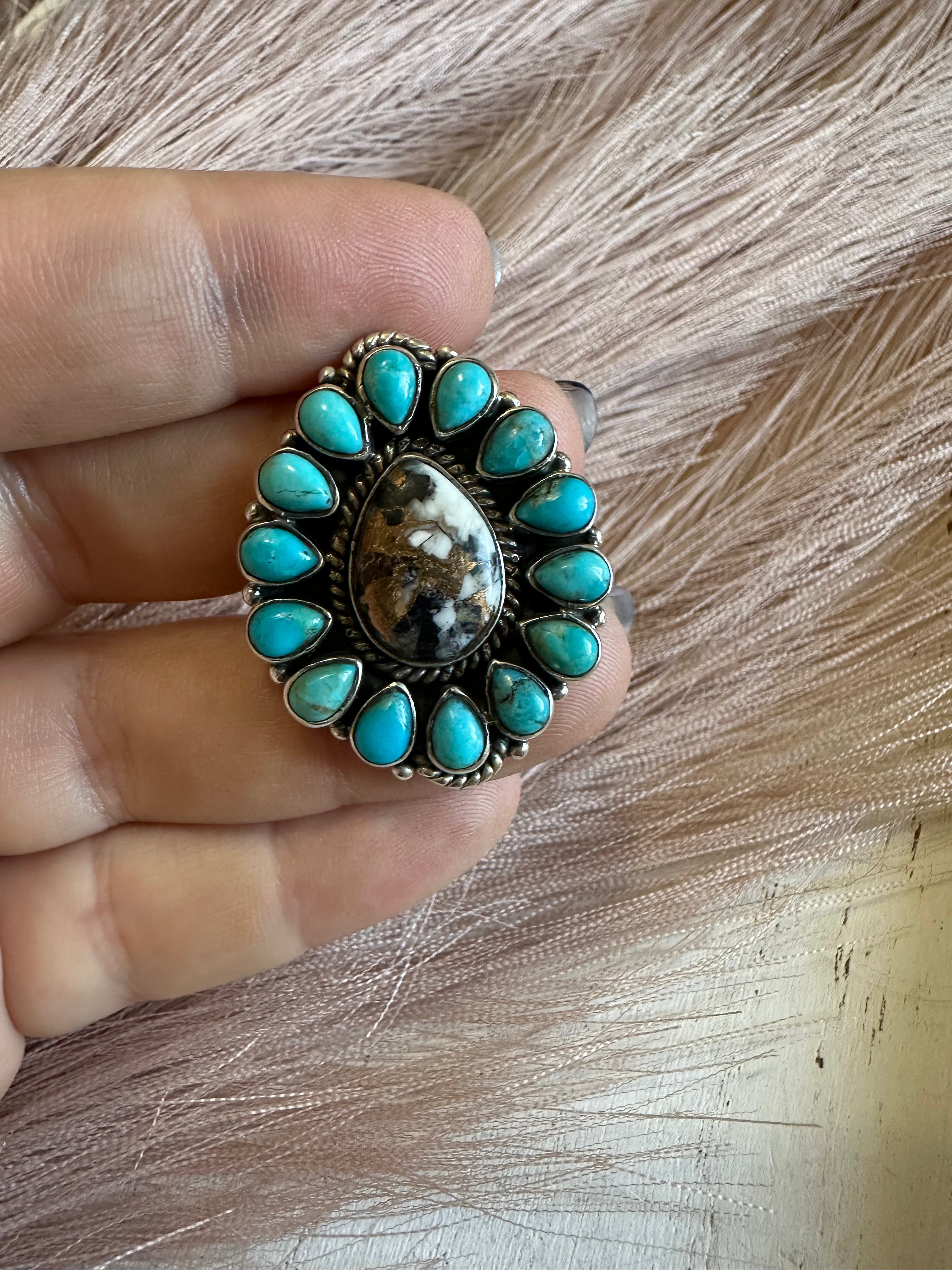 Handmade White Buffalo Mojave, Turquoise & Sterling Silver Adjustable Ring Signed Nizhoni