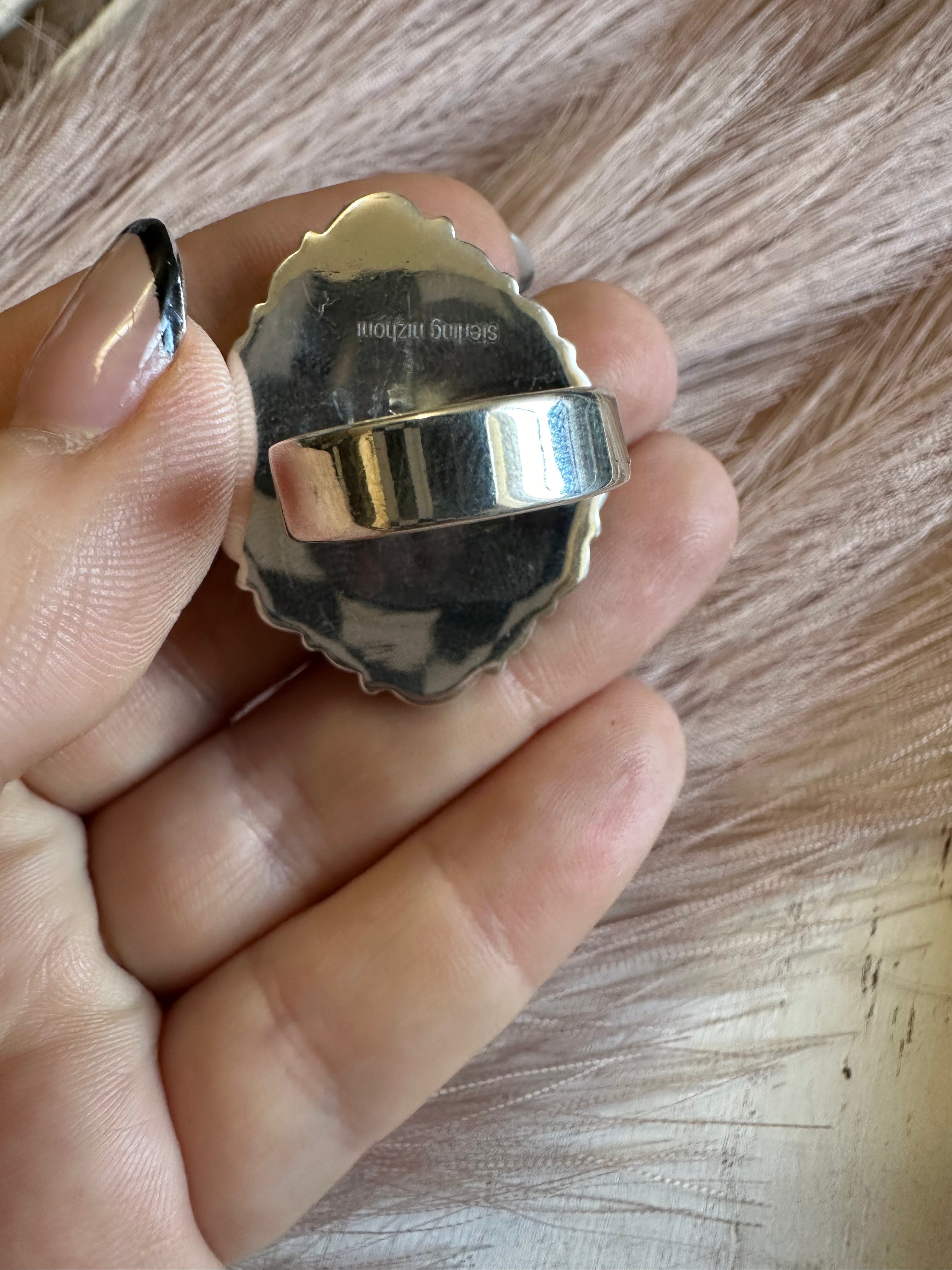 Handmade White Buffalo Mojave, Turquoise & Sterling Silver Adjustable Ring Signed Nizhoni