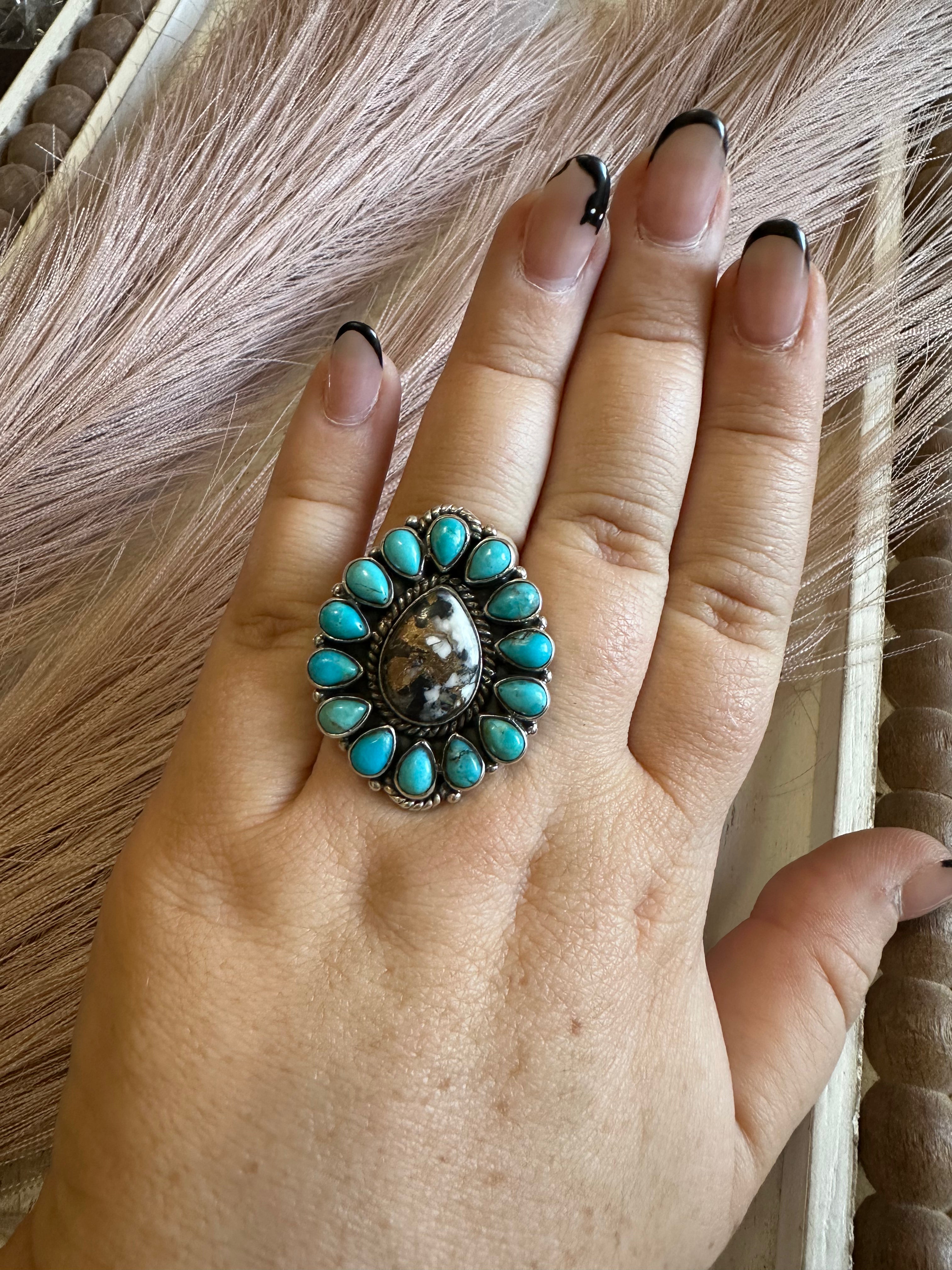 Handmade White Buffalo Mojave, Turquoise & Sterling Silver Adjustable Ring Signed Nizhoni
