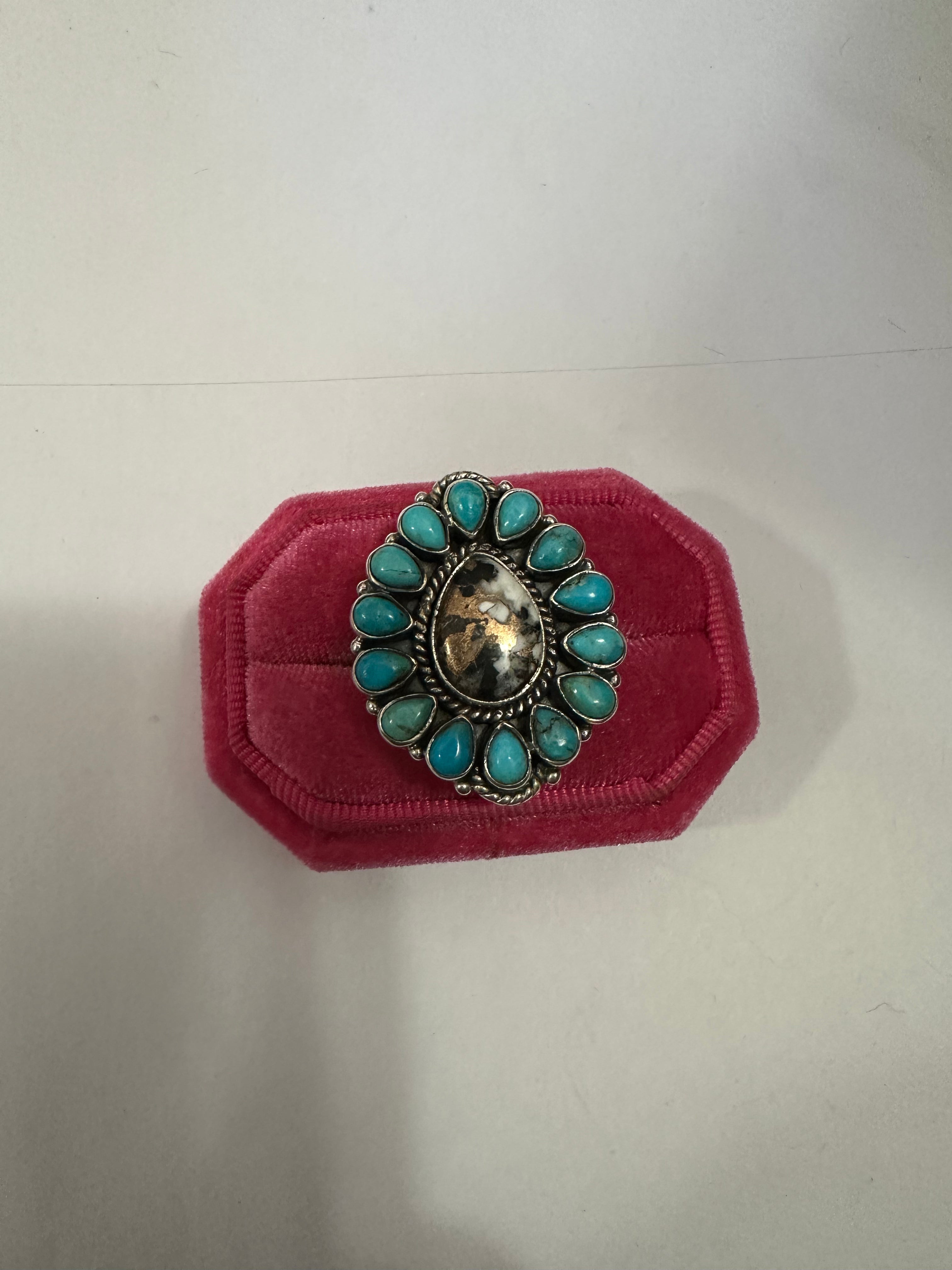 Handmade White Buffalo Mojave, Turquoise & Sterling Silver Adjustable Ring Signed Nizhoni
