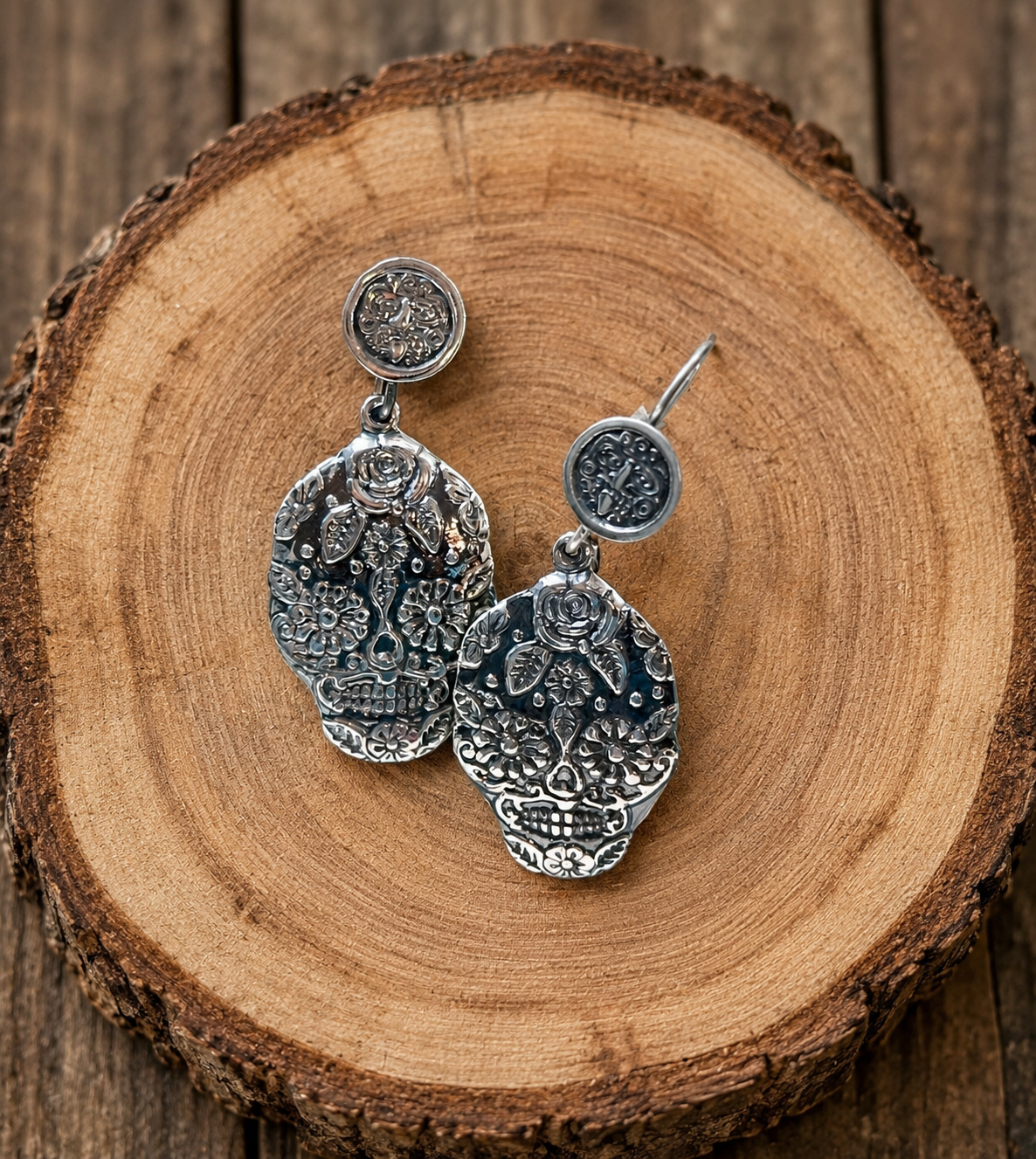 Oxidized Sugar Skull with Disc Hook Sterling Silver Earrings