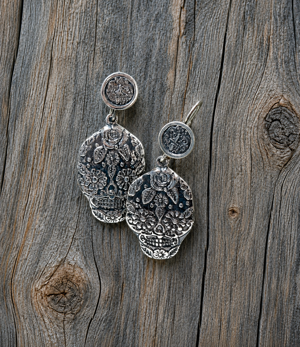 Oxidized Sugar Skull with Disc Hook Sterling Silver Earrings