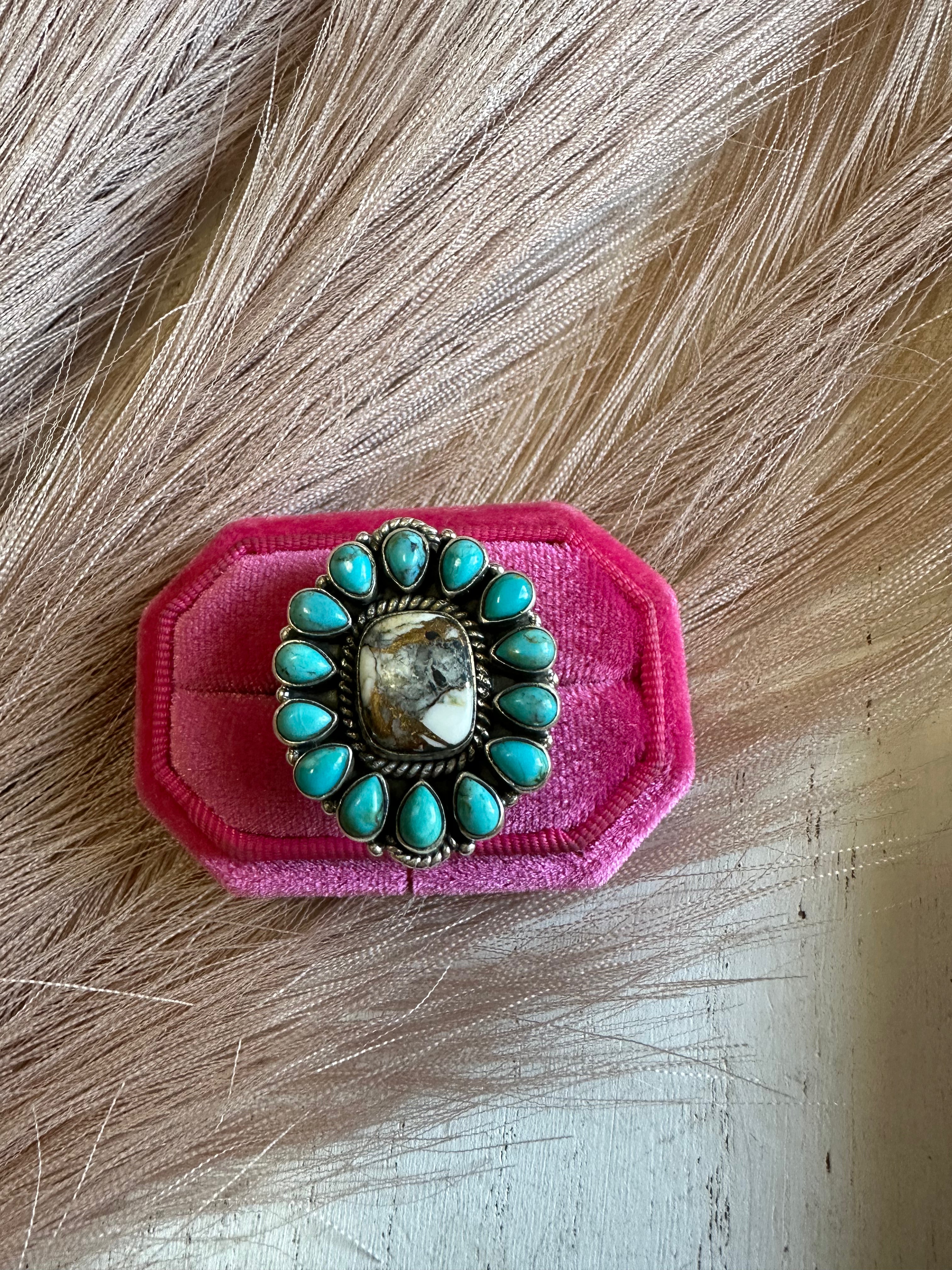 Handmade White Buffalo Mojave, Turquoise & Sterling Silver Adjustable Circle Ring Signed Nizhoni