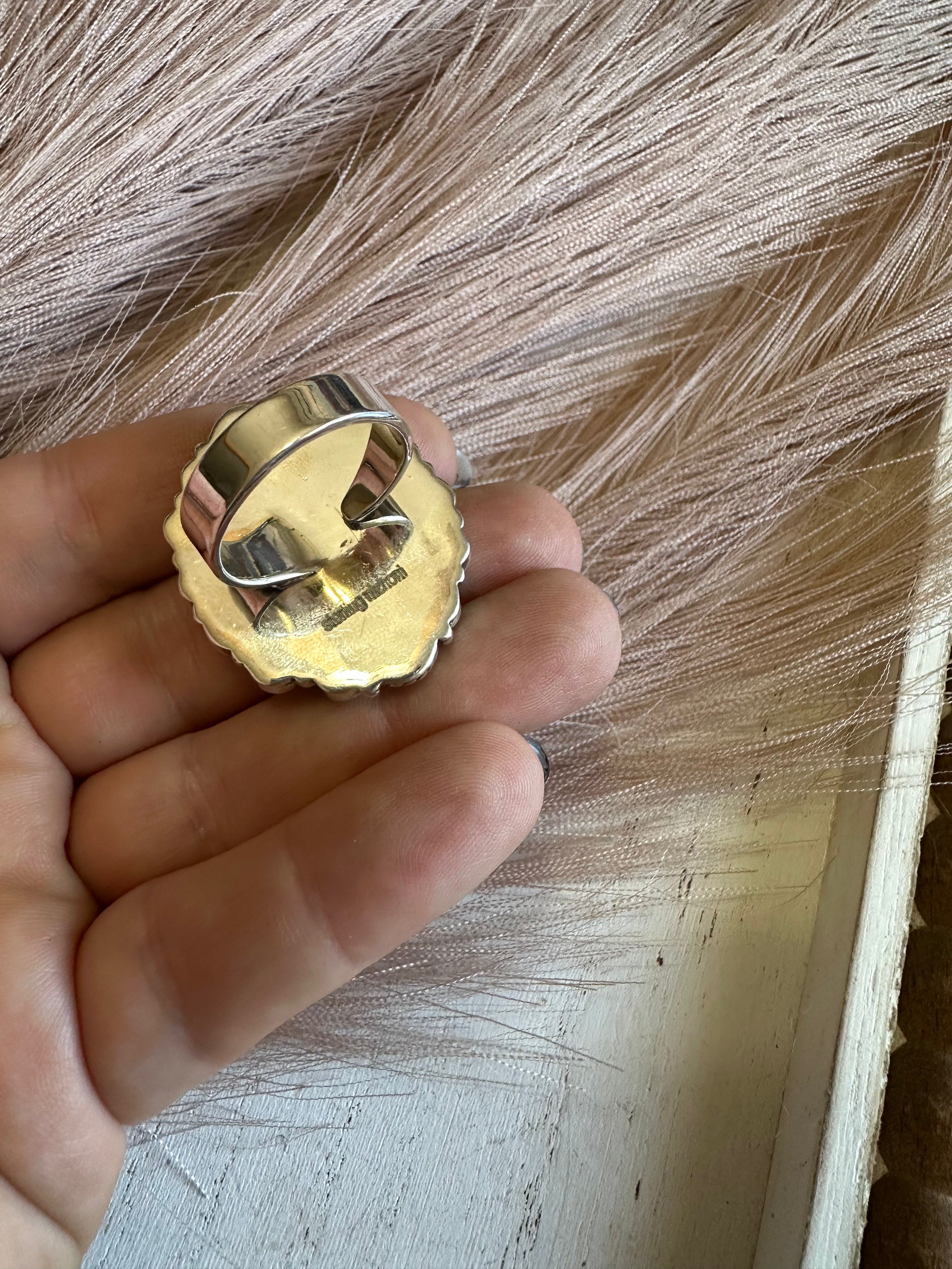 Handmade White Buffalo Mojave, Turquoise & Sterling Silver Adjustable Oval Ring Signed Nizhoni