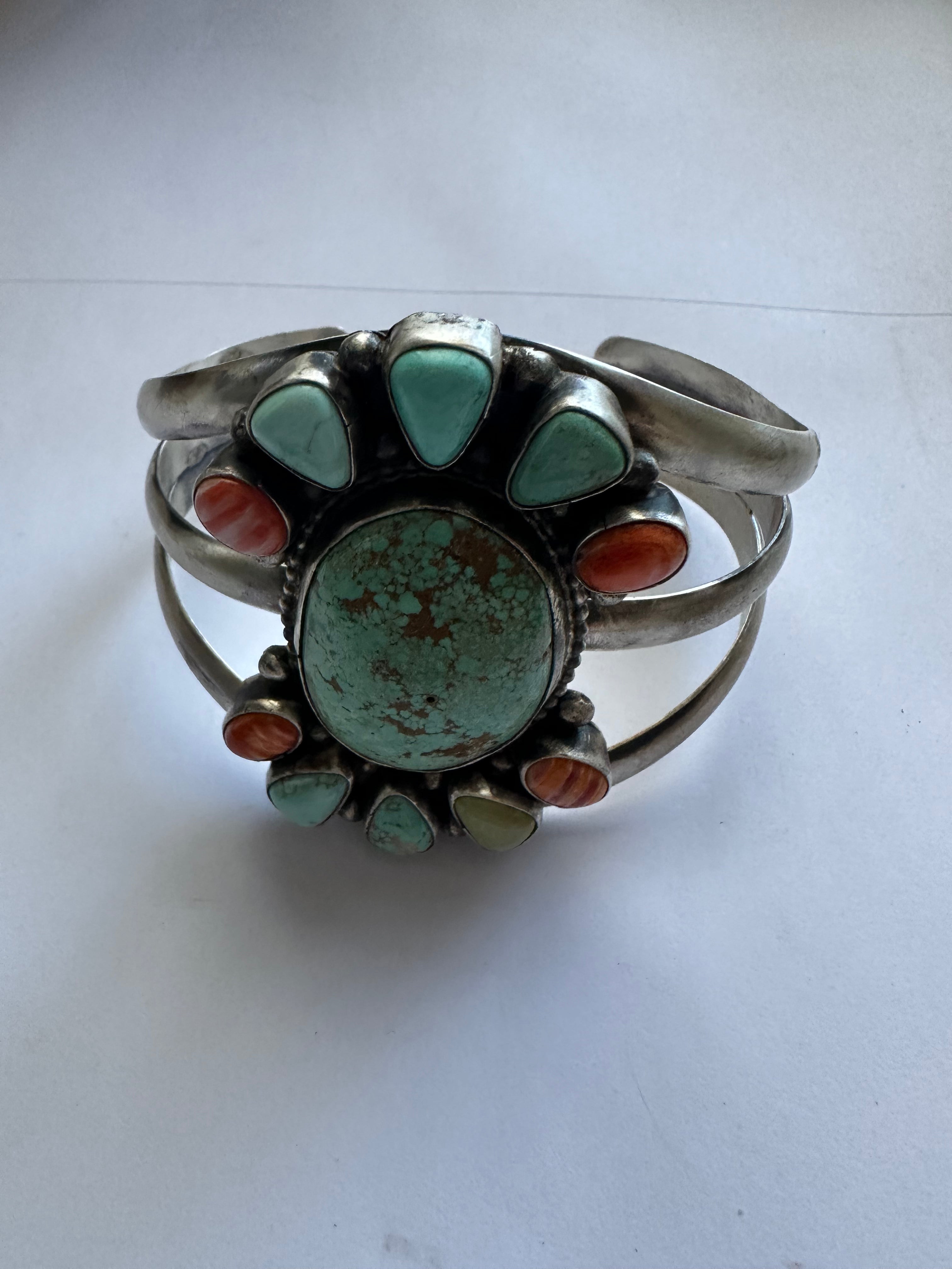 Navajo Turquoise & Spiny Sterling Silver Bracelet Cuff Signed Sheila /