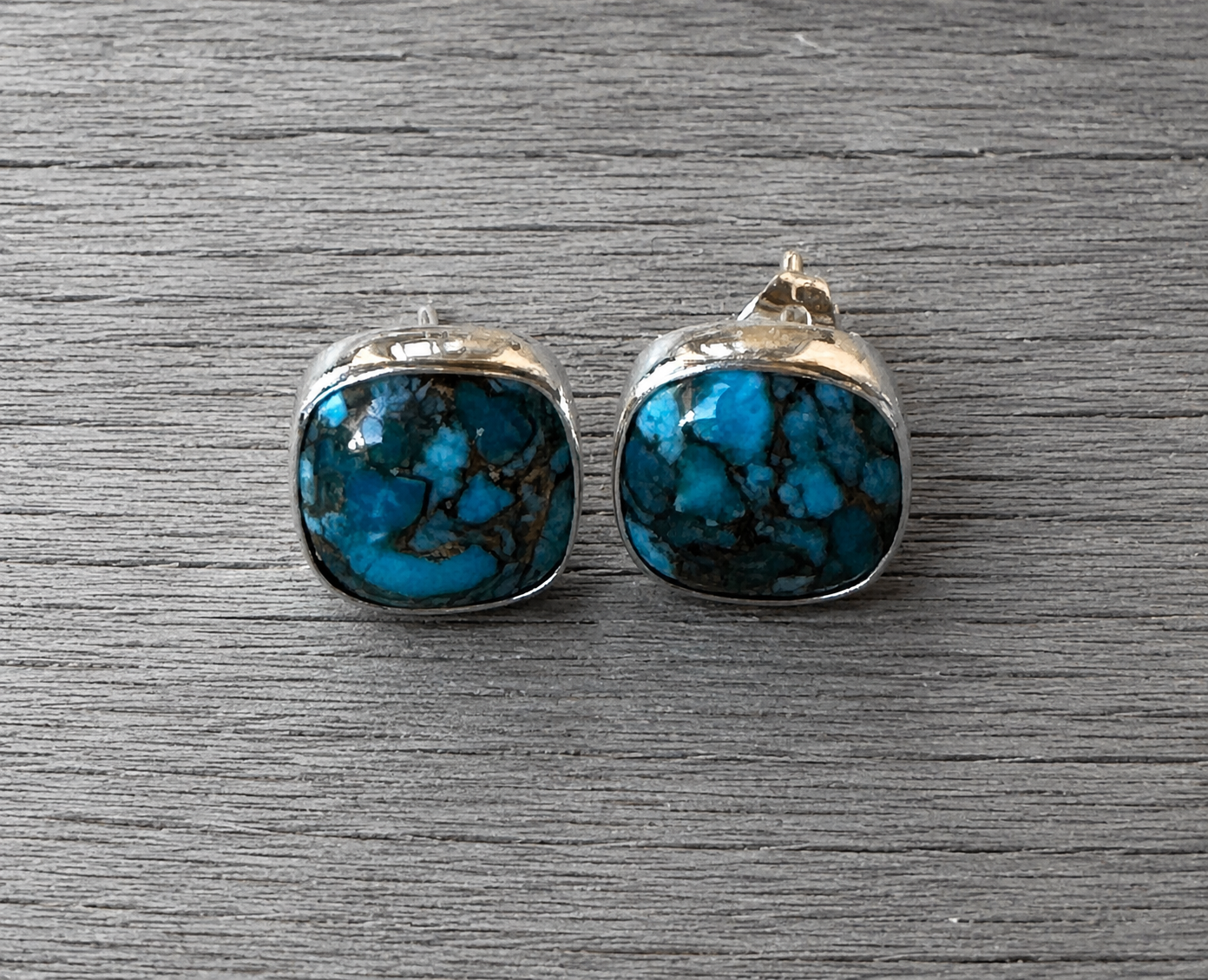 Turquoise Spotted Copper Square Sterling Silver Stud Earrings