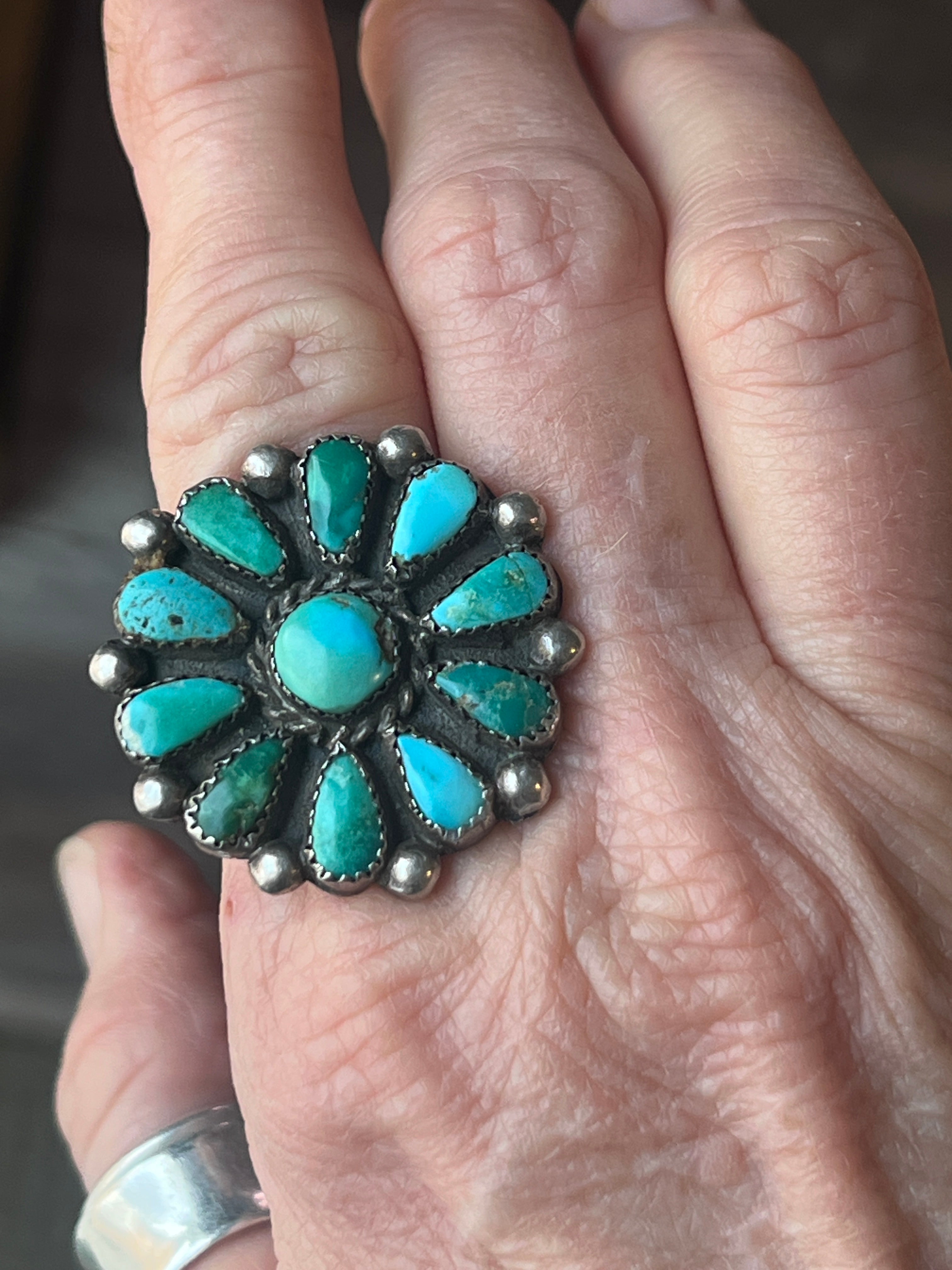 Old Pawn Unsigned Sterling Silver and Turquoise Cluster Ring, Size 8.5