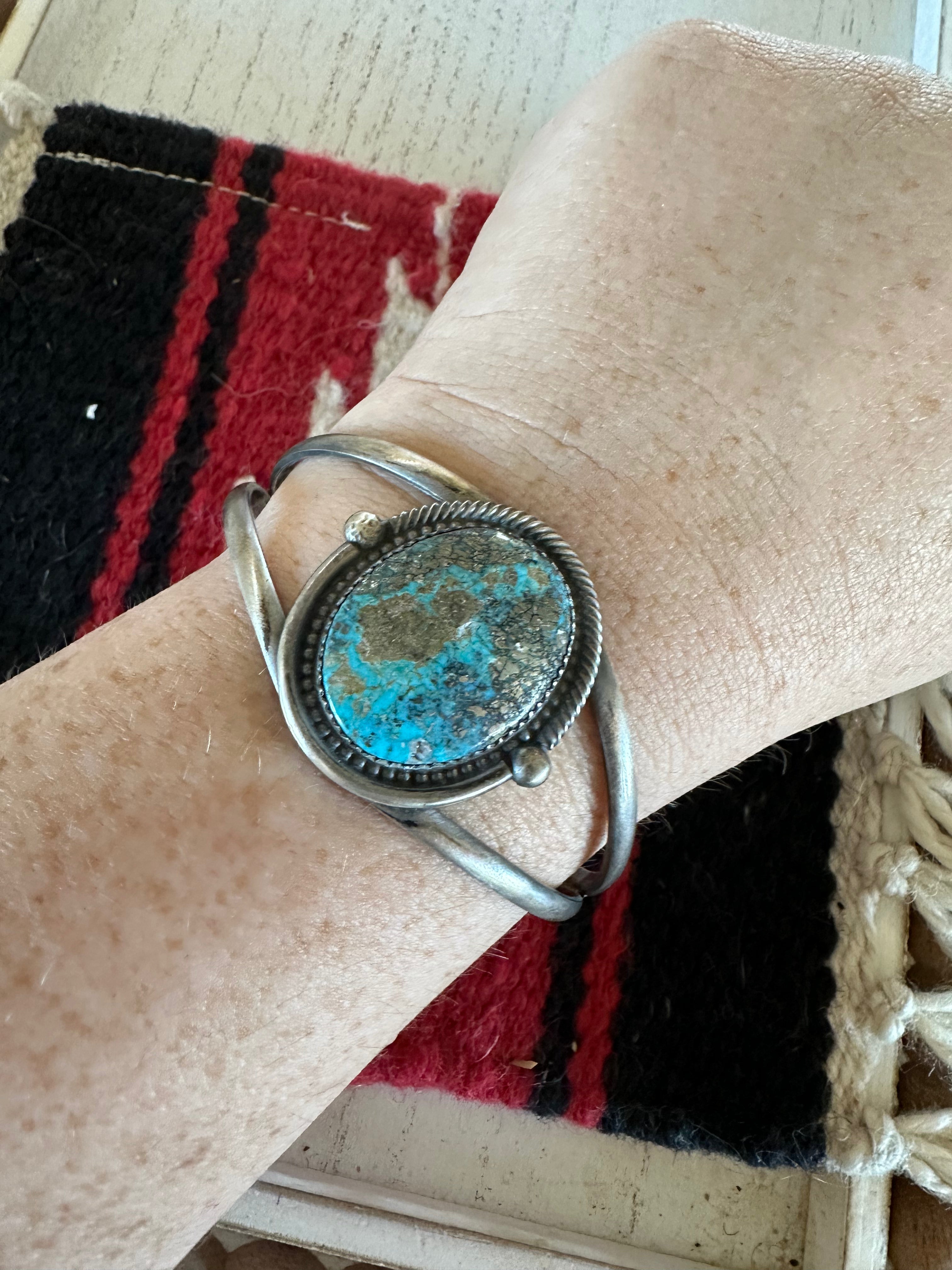 Handcrafted Old Pawn Turquoise Sterling Silver Adjustable Cuff Bracelet