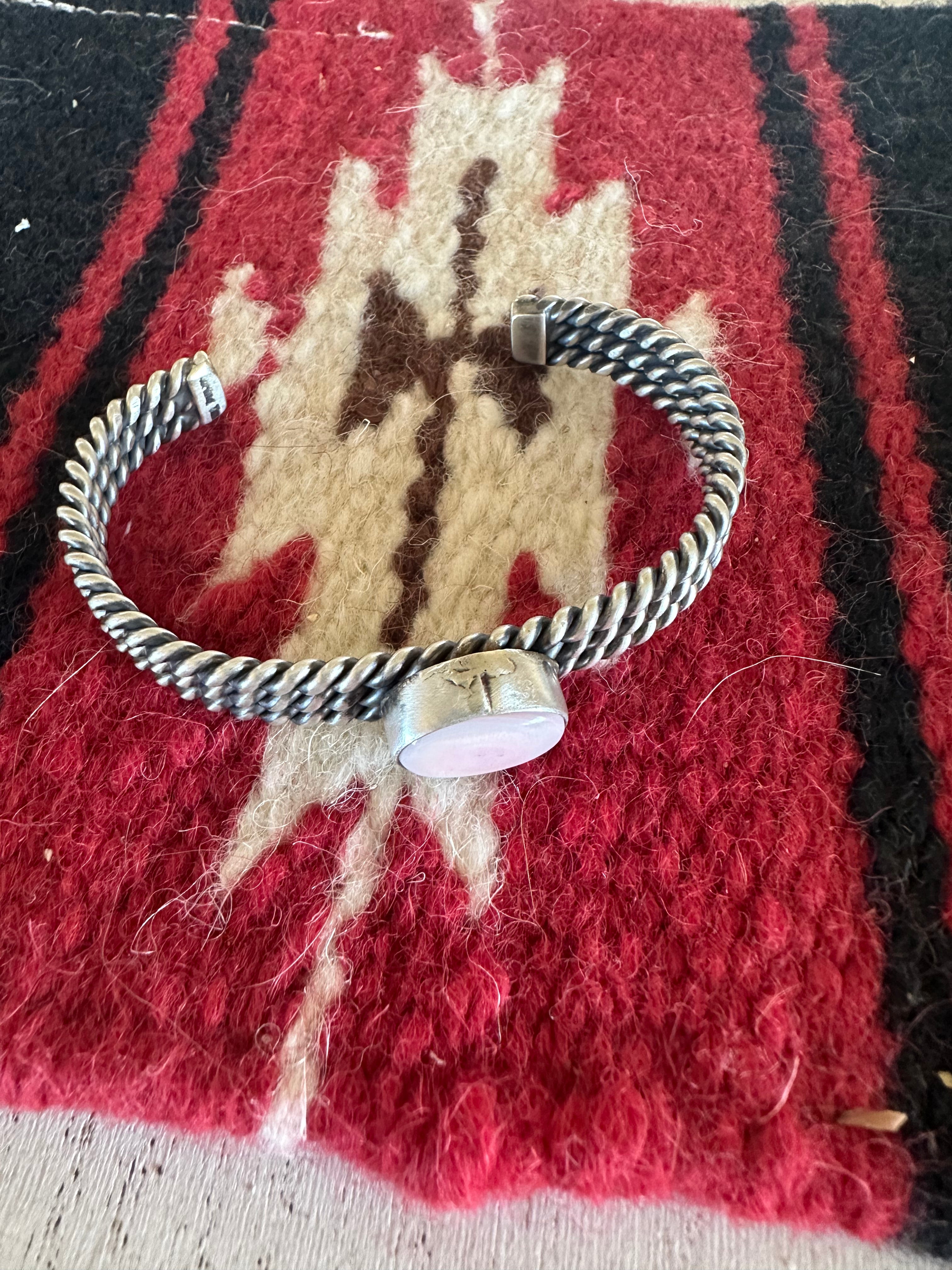 Handcrafted Circle Pink Conch & Sterling Silver Adjustable Cuff Bracelet