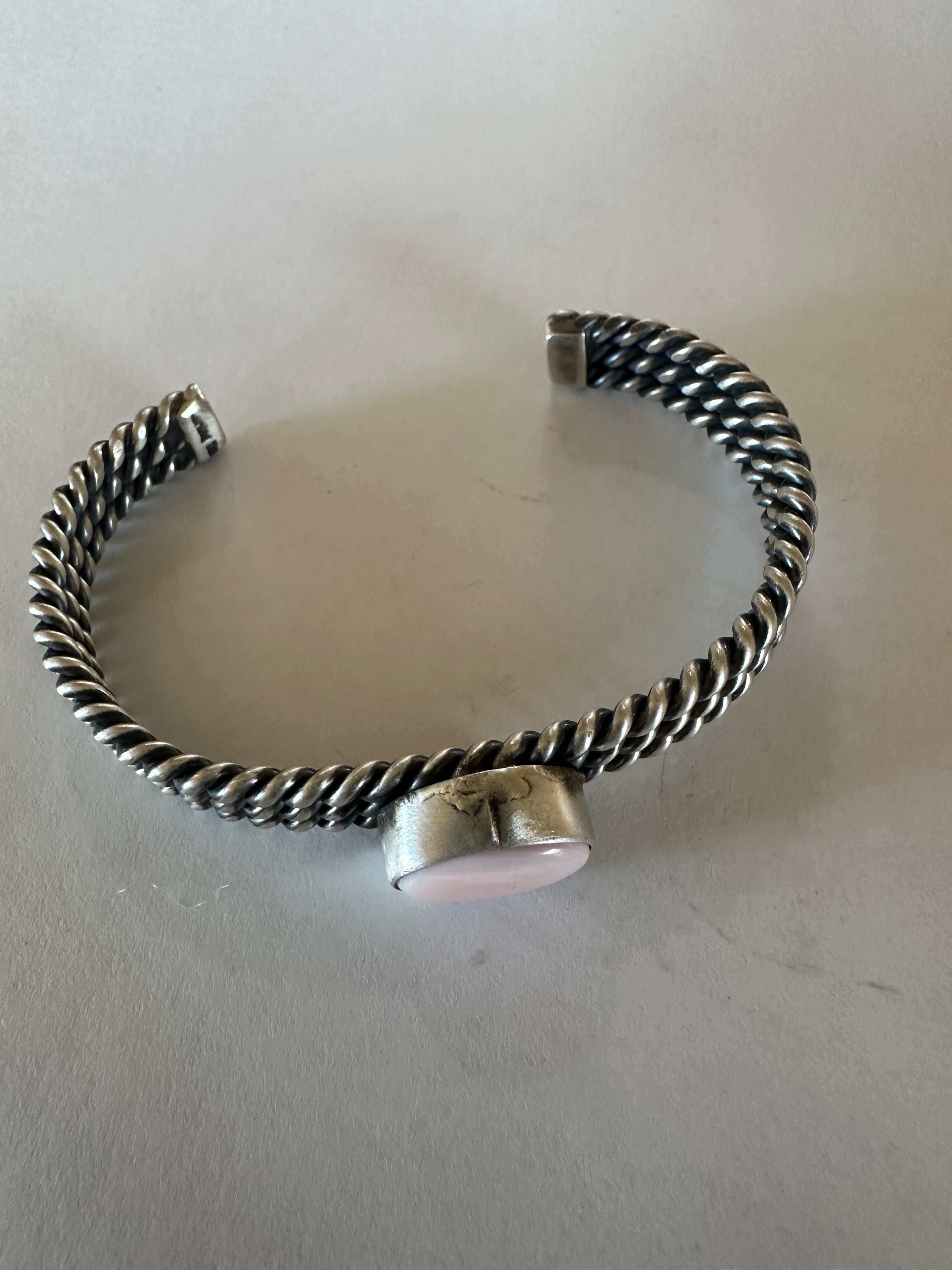 Handcrafted Circle Pink Conch & Sterling Silver Adjustable Cuff Bracelet