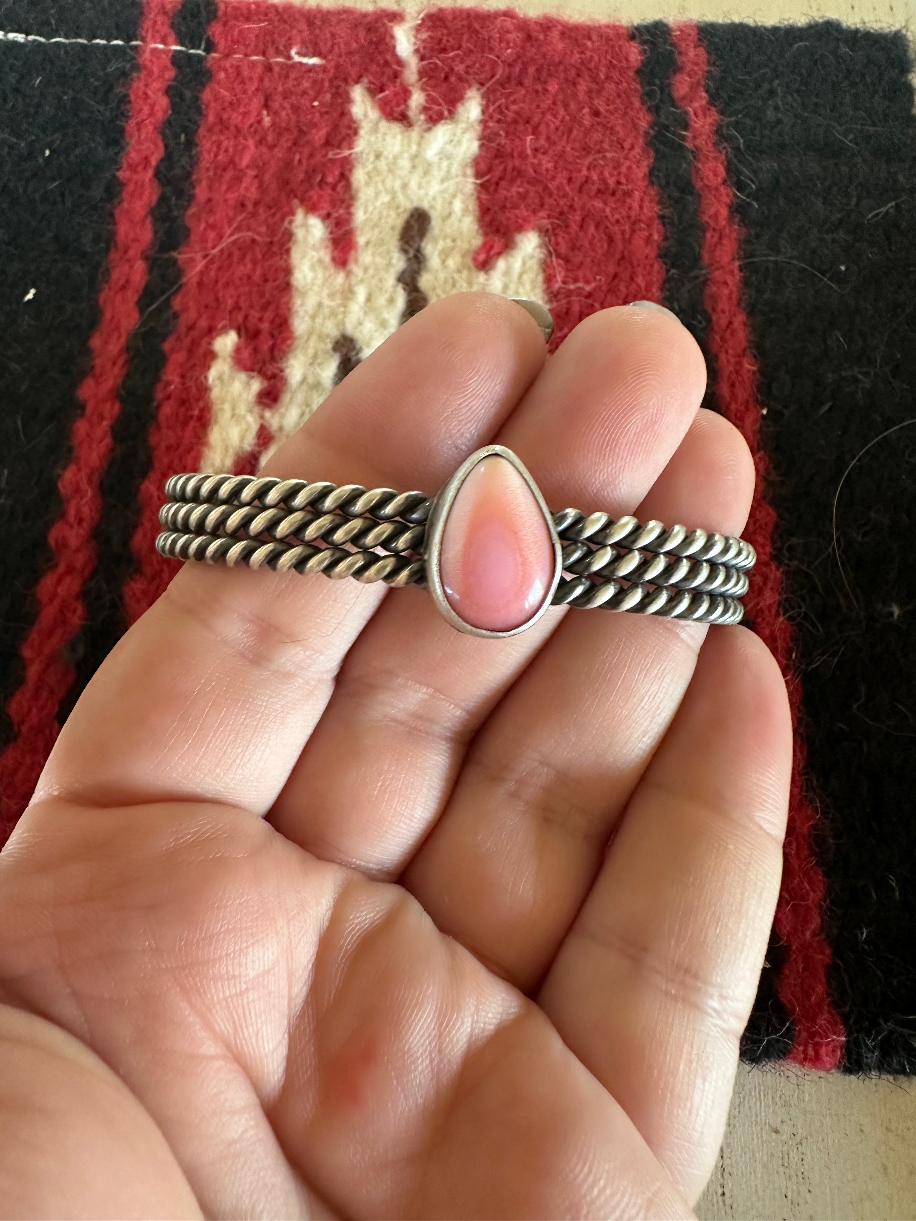 Handcrafted Tear Drop Pink Conch & Sterling Silver Adjustable Cuff Bracelet