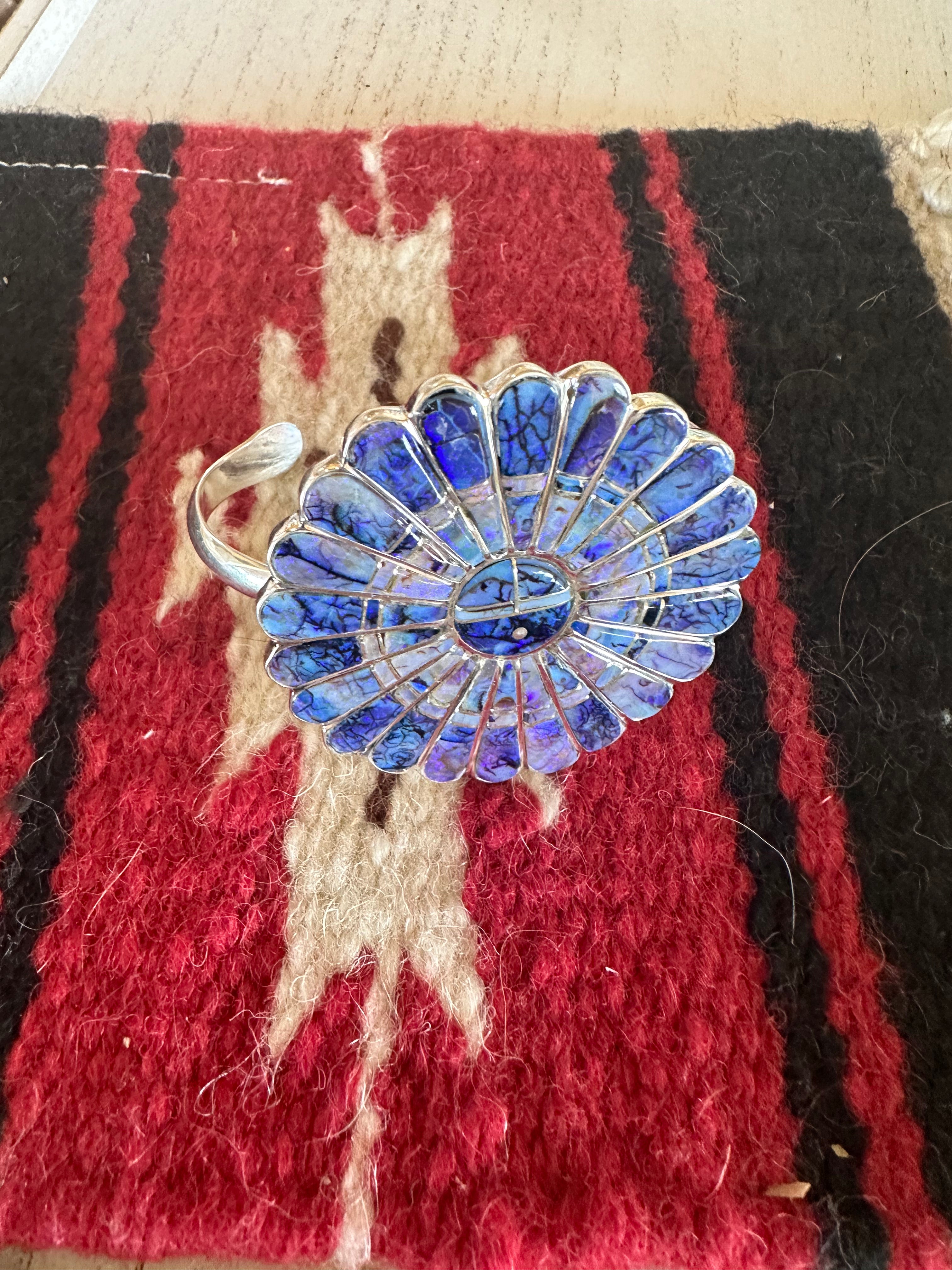 Handmade Sterling & Blue Opal Web Inlay Cuff Bracelet Signed /