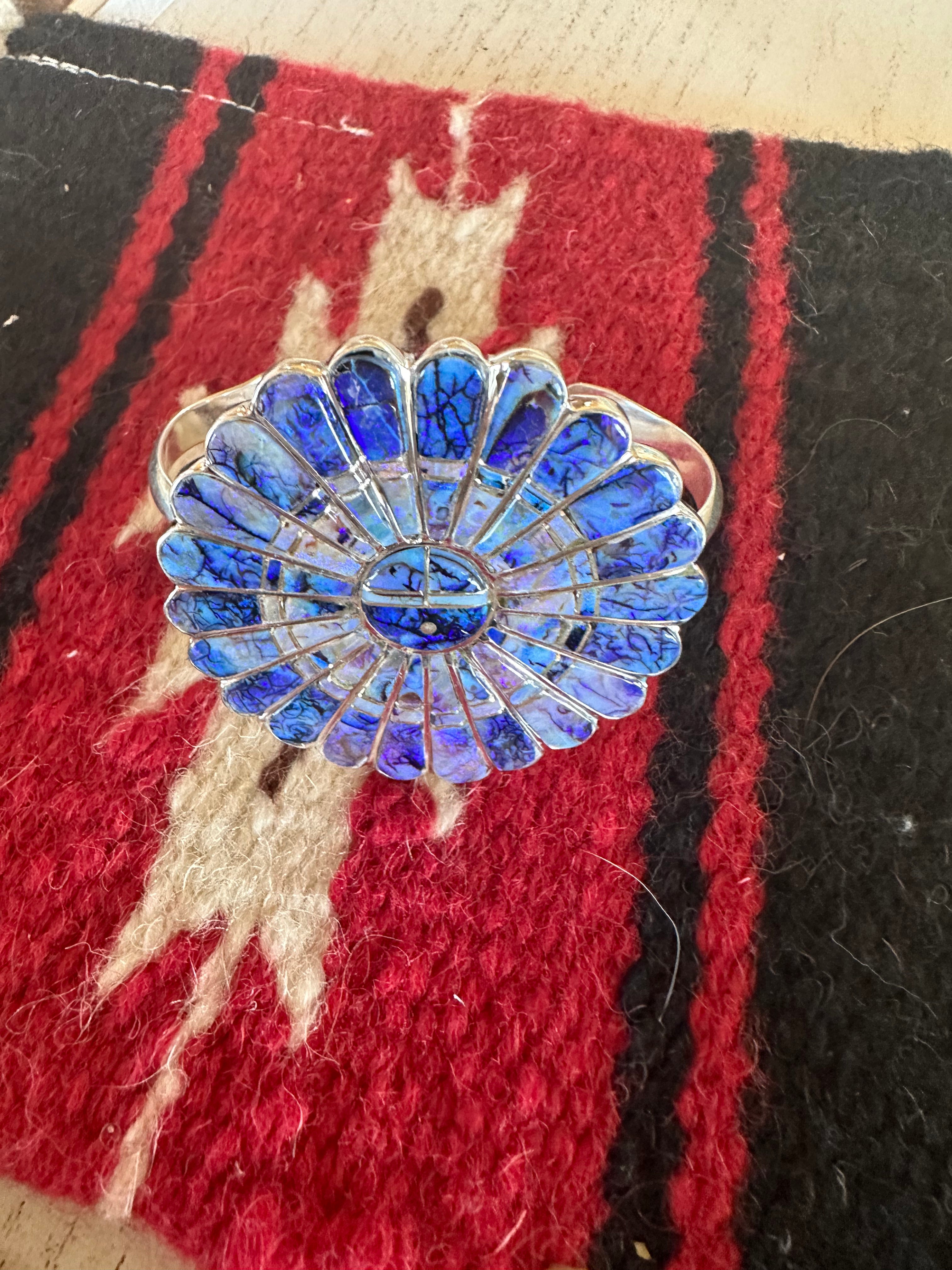 Handmade Sterling & Blue Opal Web Inlay Cuff Bracelet Signed /