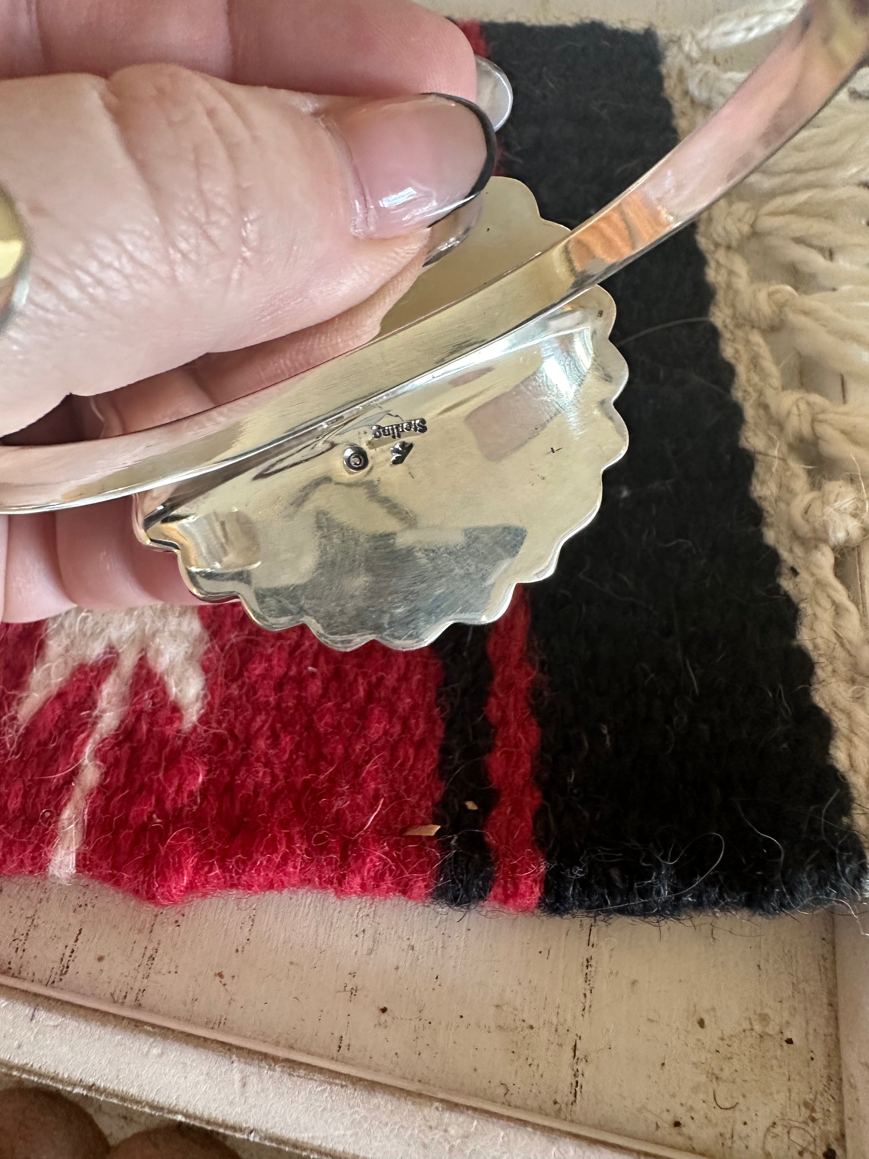 Handmade Sterling & Blue Opal Web Inlay Cuff Bracelet Signed /