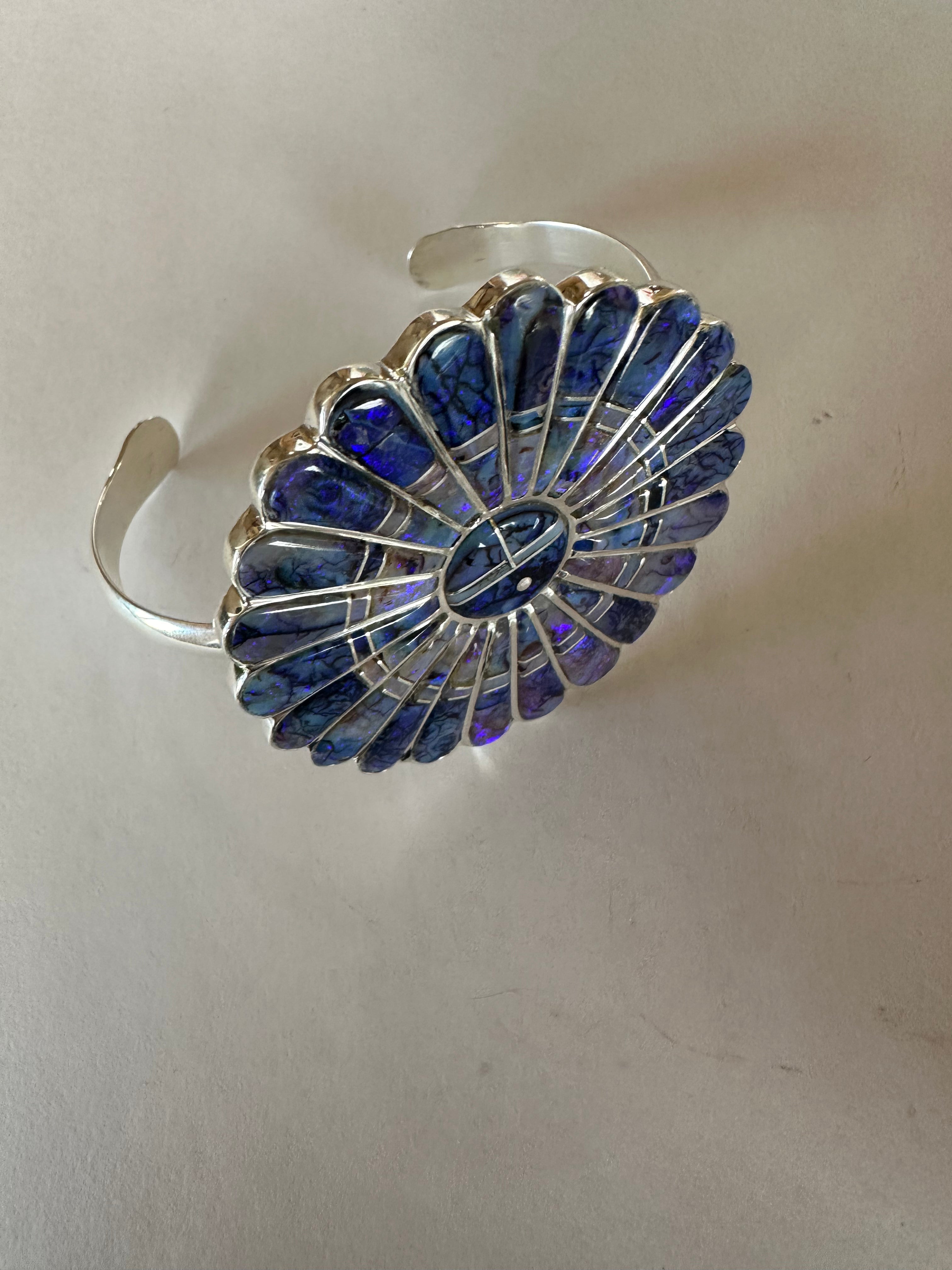 Handmade Sterling & Blue Opal Web Inlay Cuff Bracelet Signed /