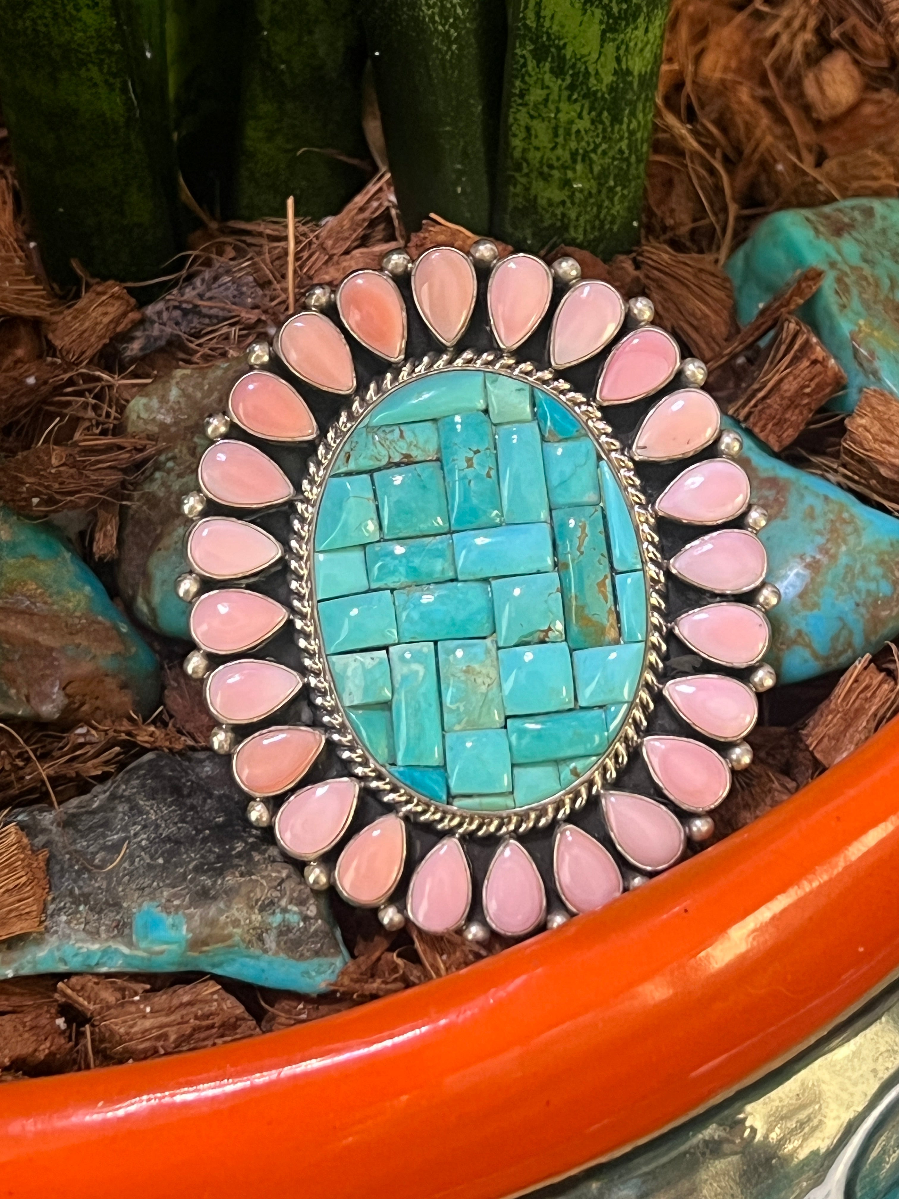 Handcrafted Cobblestone Kingman Turquoise and Pink Conch Cluster Ring by Aaron Tallis, Adjustable