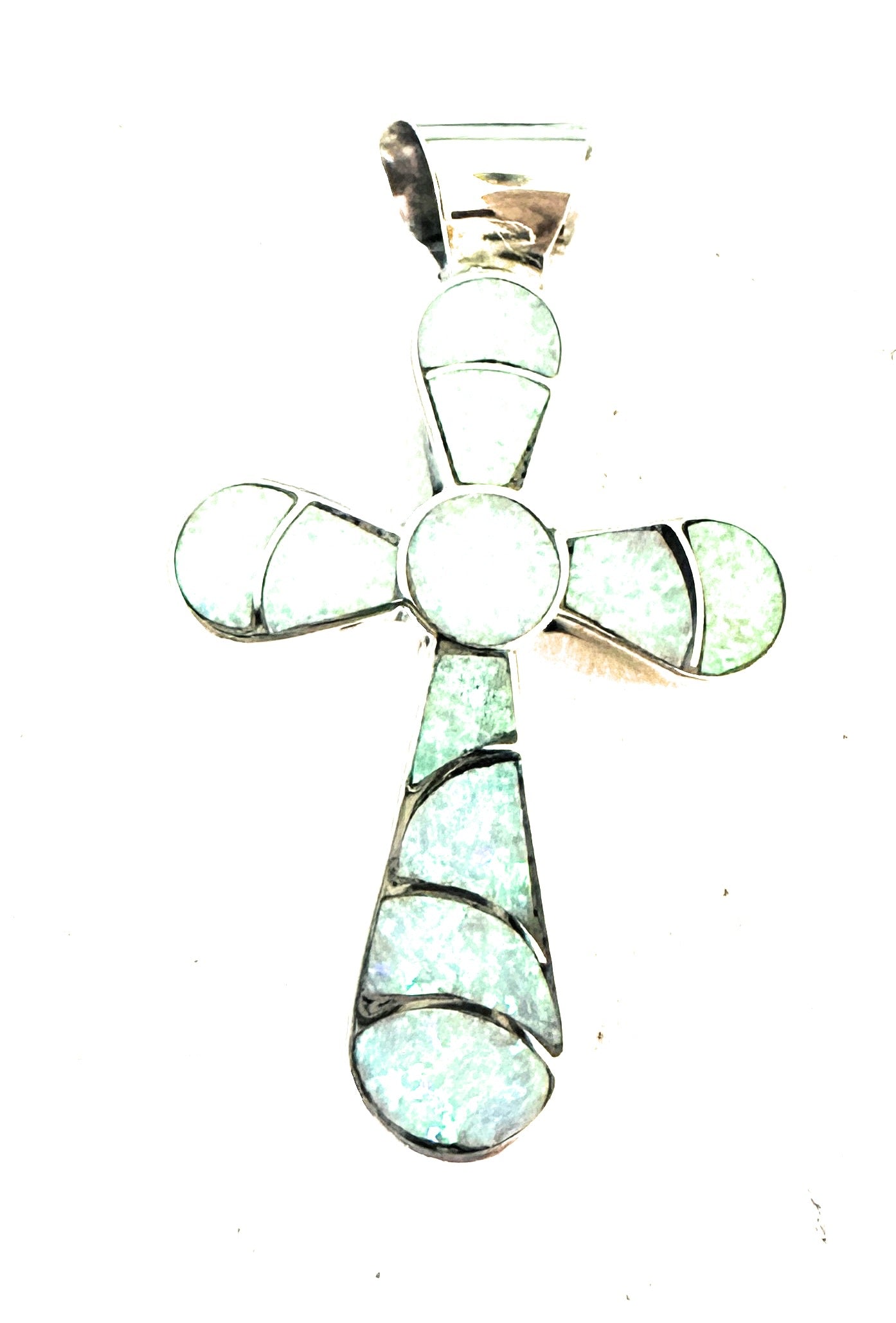 Handcrafted Sterling Silver & White Opal Inlay Cross Pendant Signed