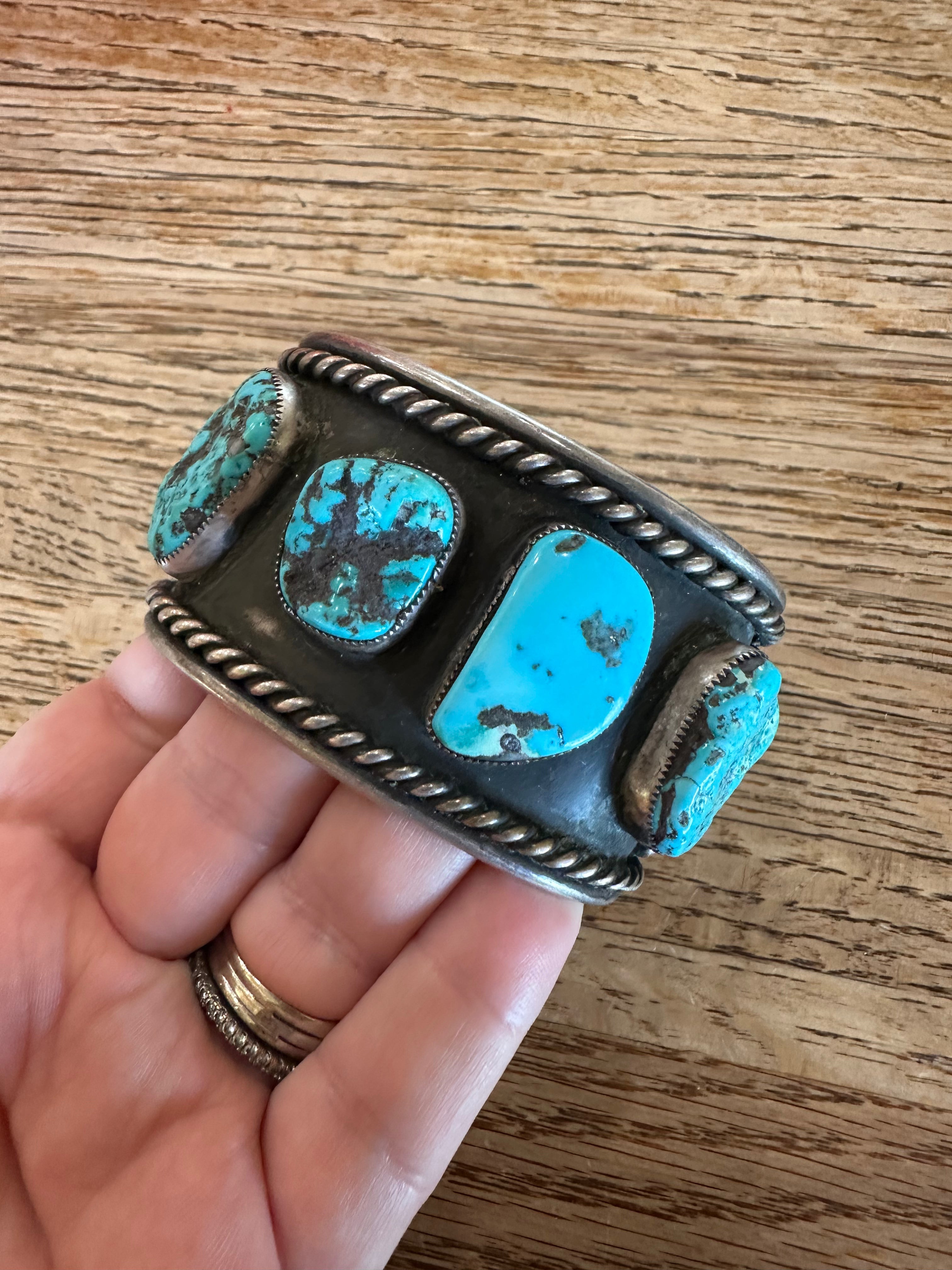 Navajo Old Pawn Natural Kingman Turquoise & Sterling Silver Cuff Bracelet /