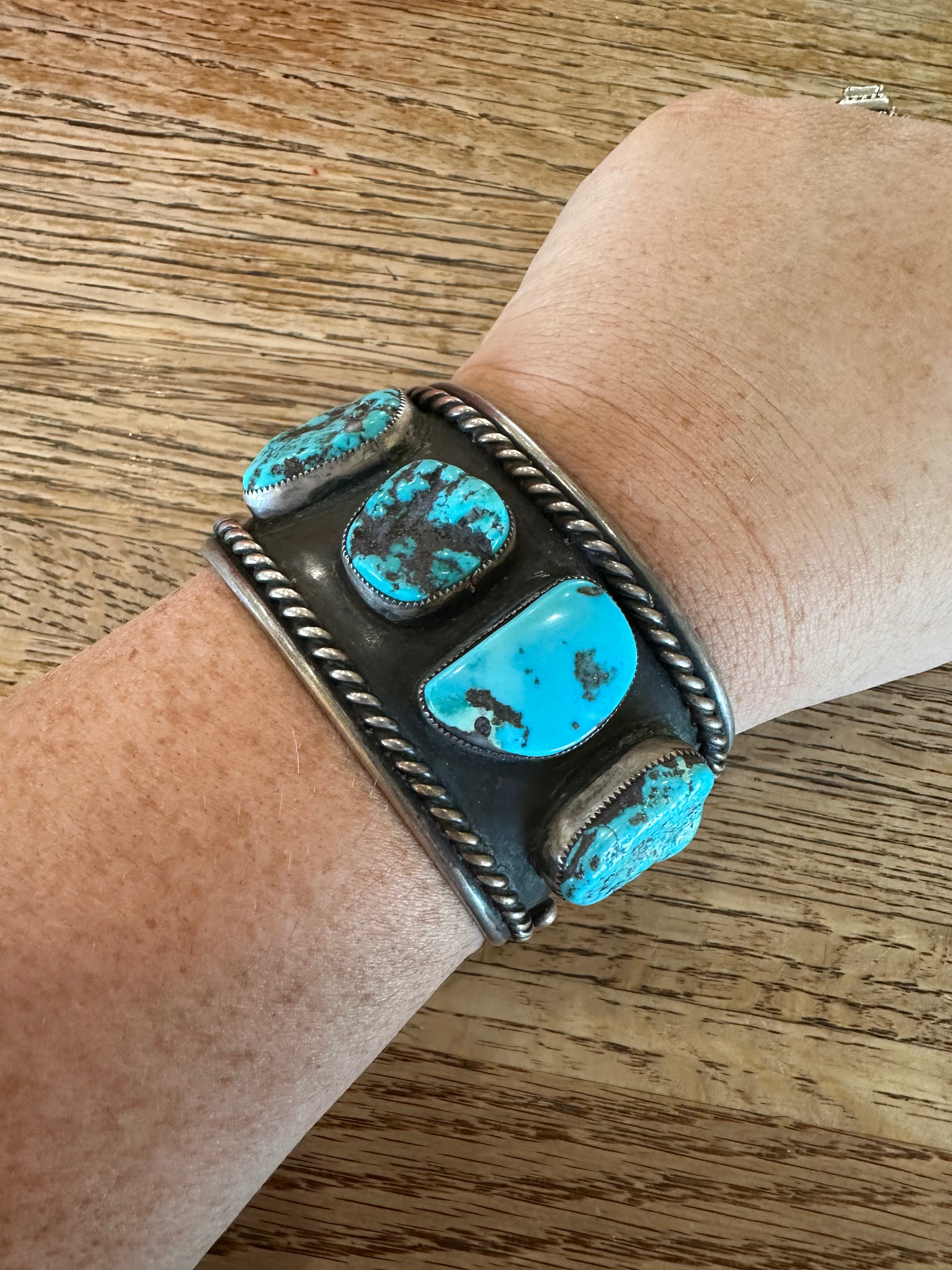 Navajo Old Pawn Natural Kingman Turquoise & Sterling Silver Cuff Bracelet /
