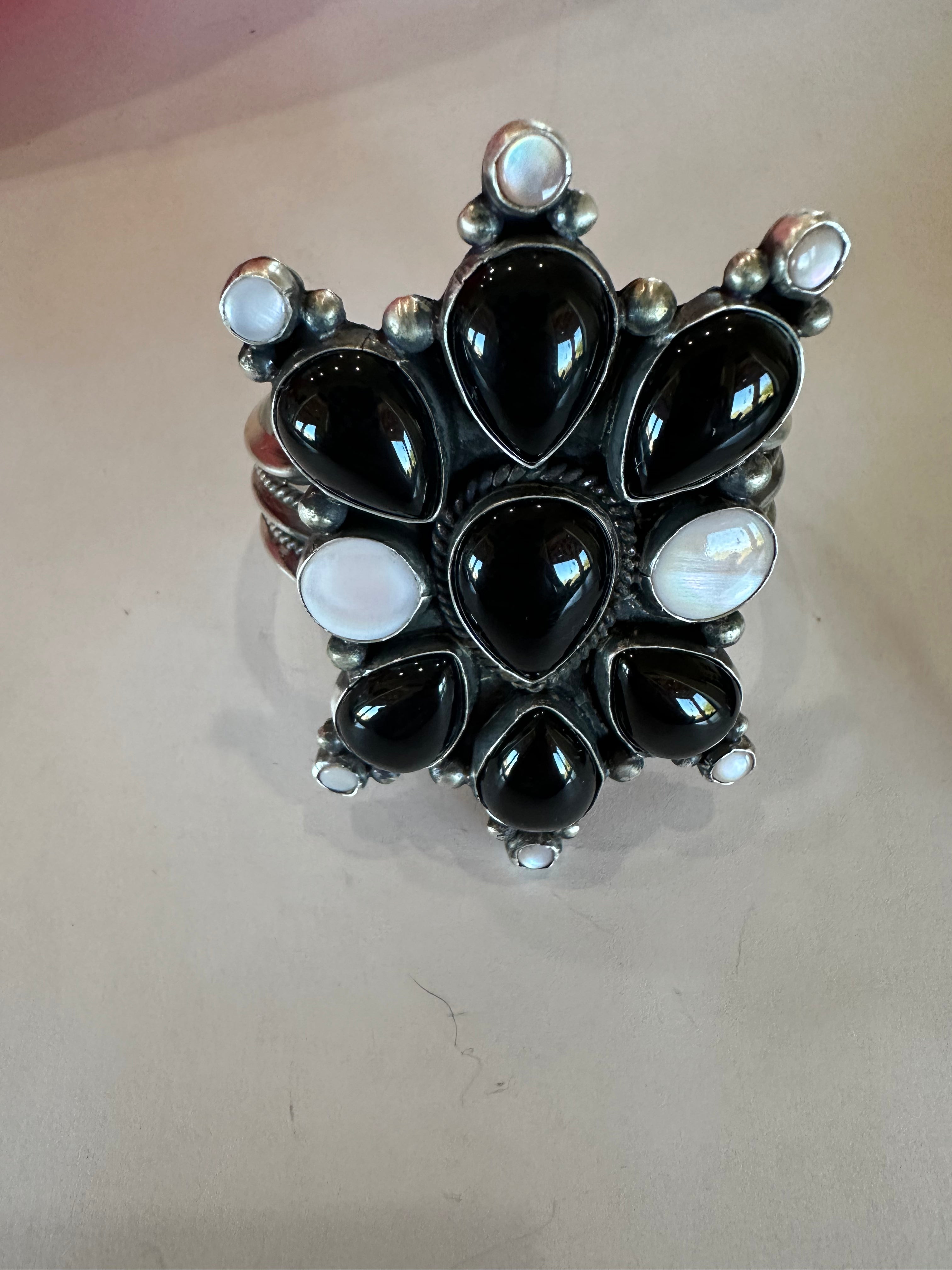 Sterling Silver, Black Onyx & Mother of Pearl Cluster Cuff Bracelet Signed /