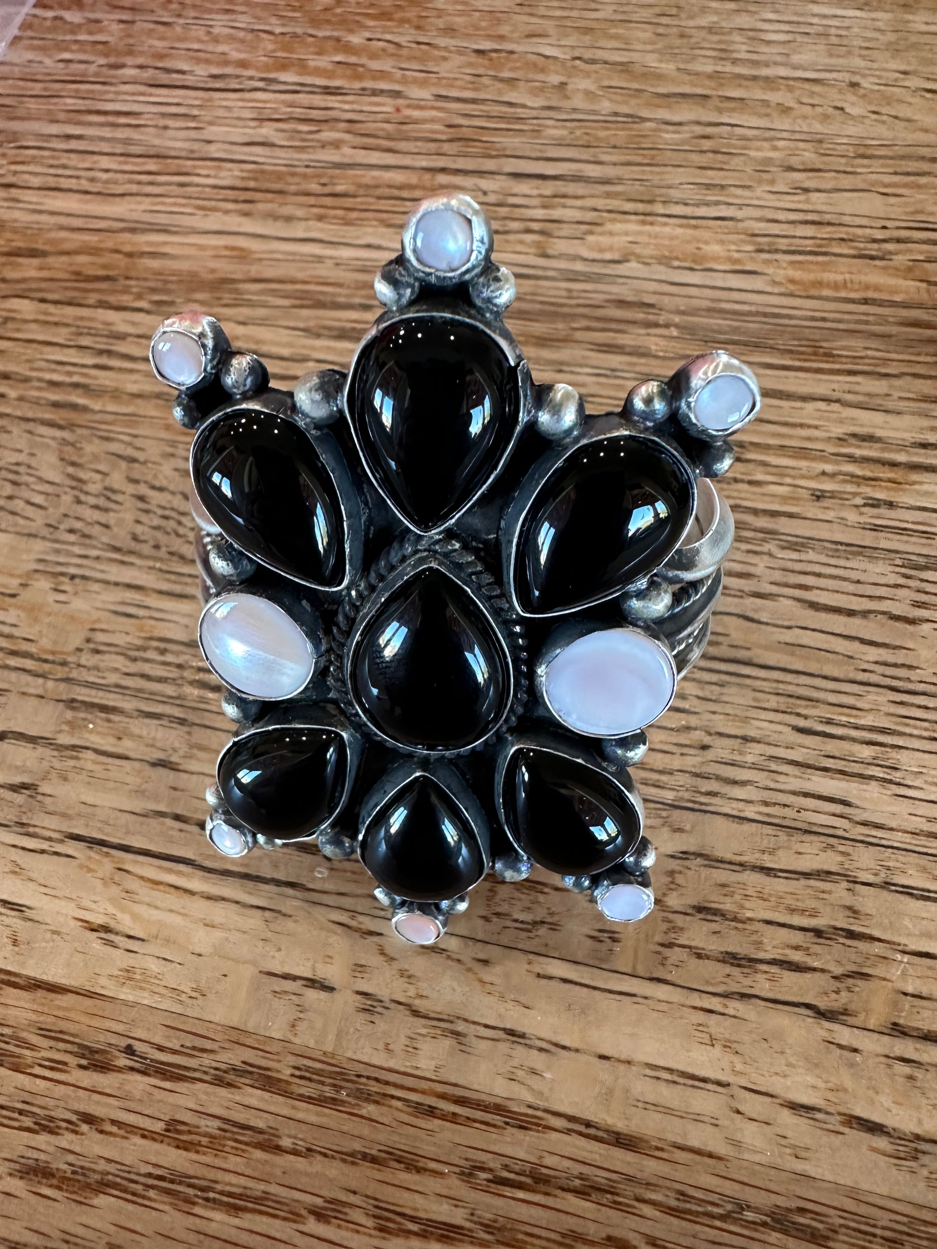 Sterling Silver, Black Onyx & Mother of Pearl Cluster Cuff Bracelet Signed /