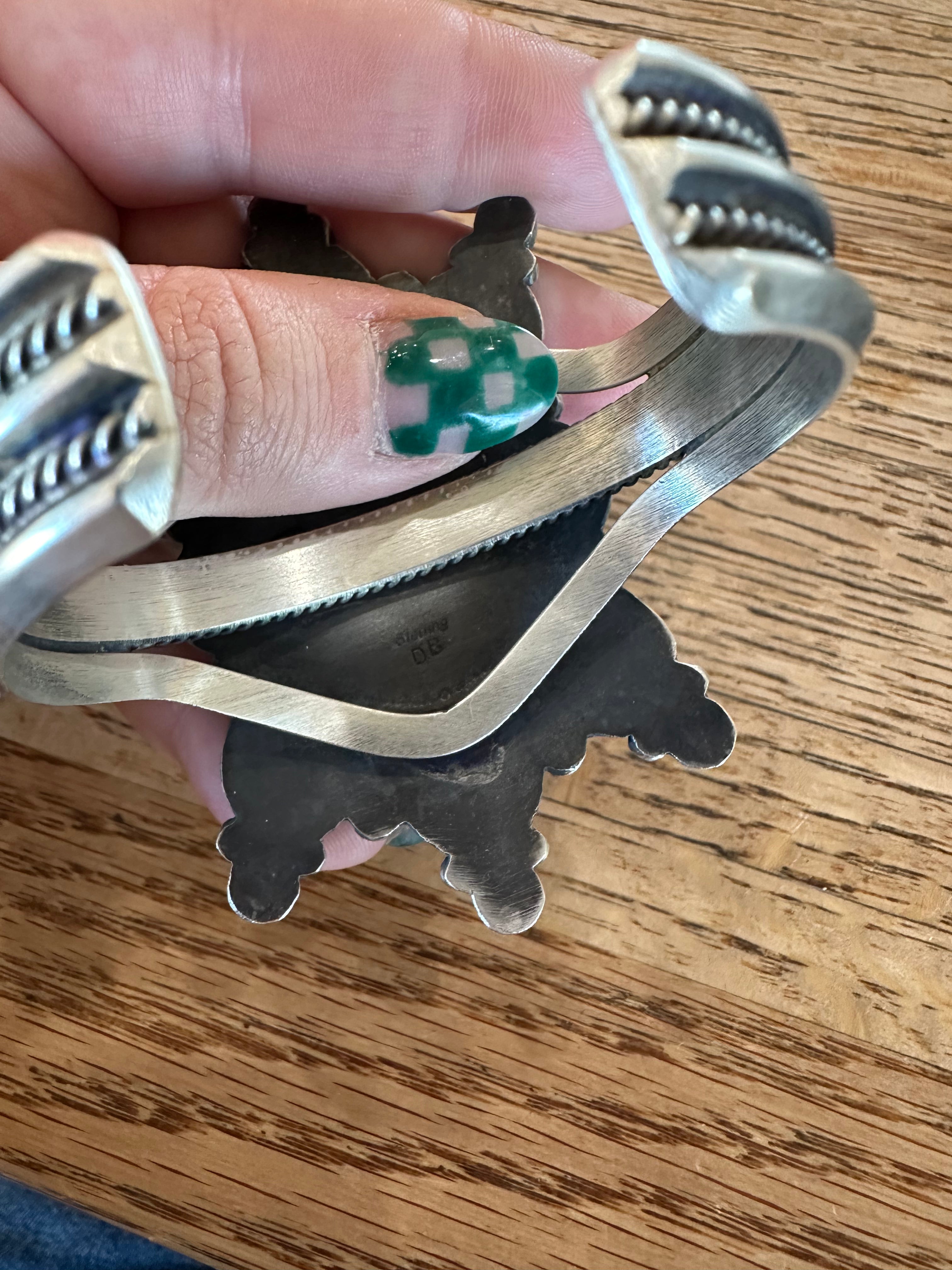 Sterling Silver, Black Onyx & Mother of Pearl Cluster Cuff Bracelet Signed /