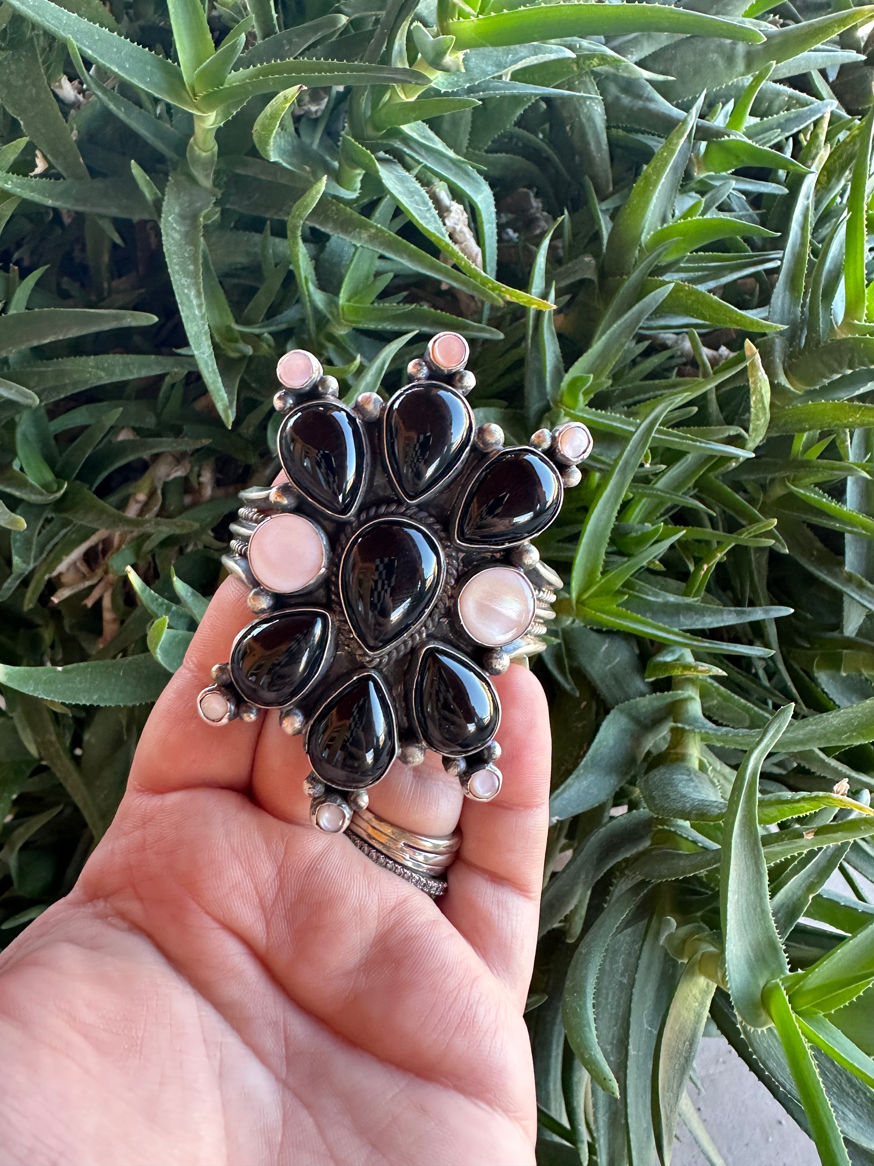 Sterling Silver, Black Onyx & Mother of Pearl Cluster Cuff Bracelet Signed /