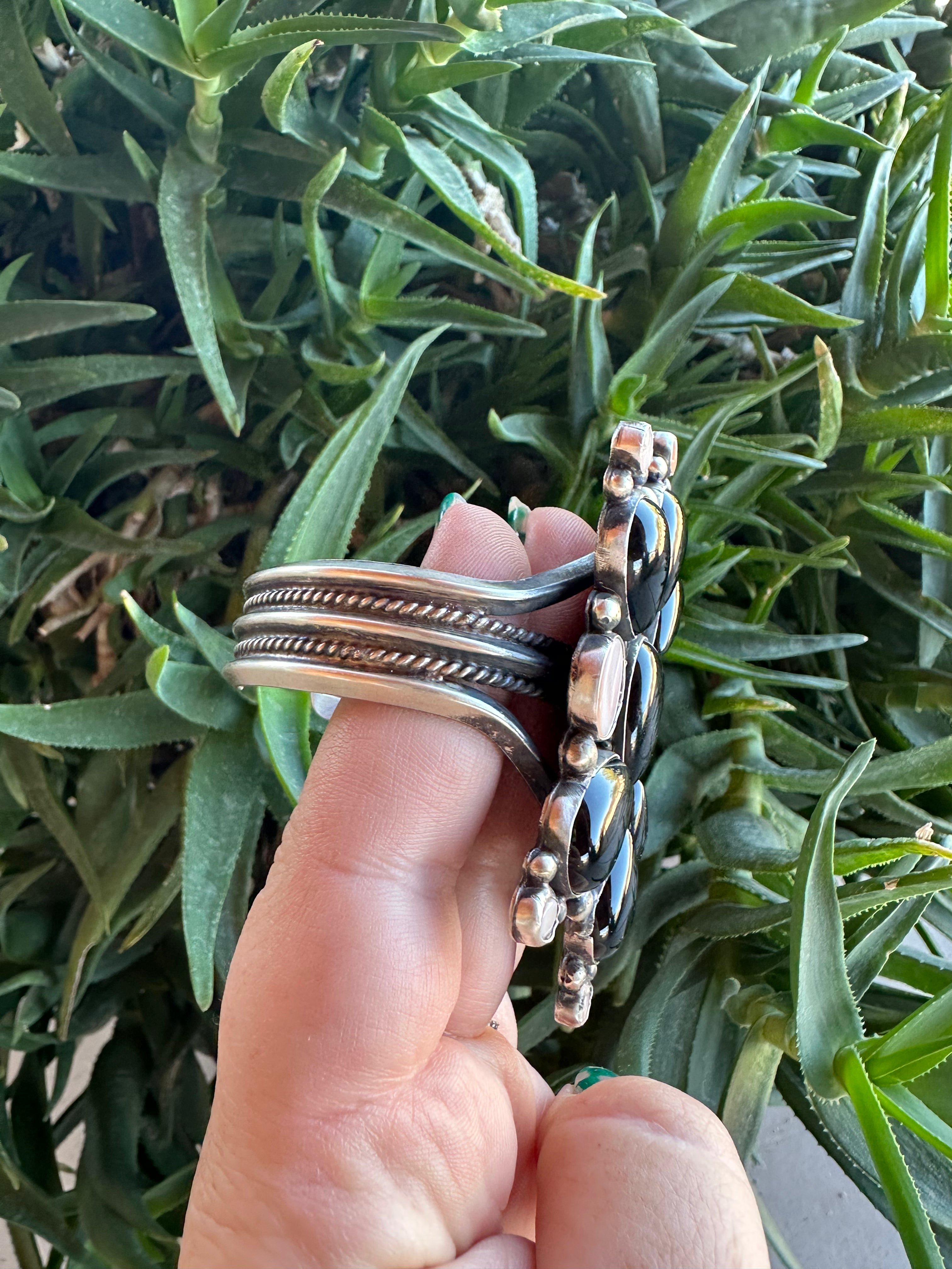 Sterling Silver, Black Onyx & Mother of Pearl Cluster Cuff Bracelet Signed /