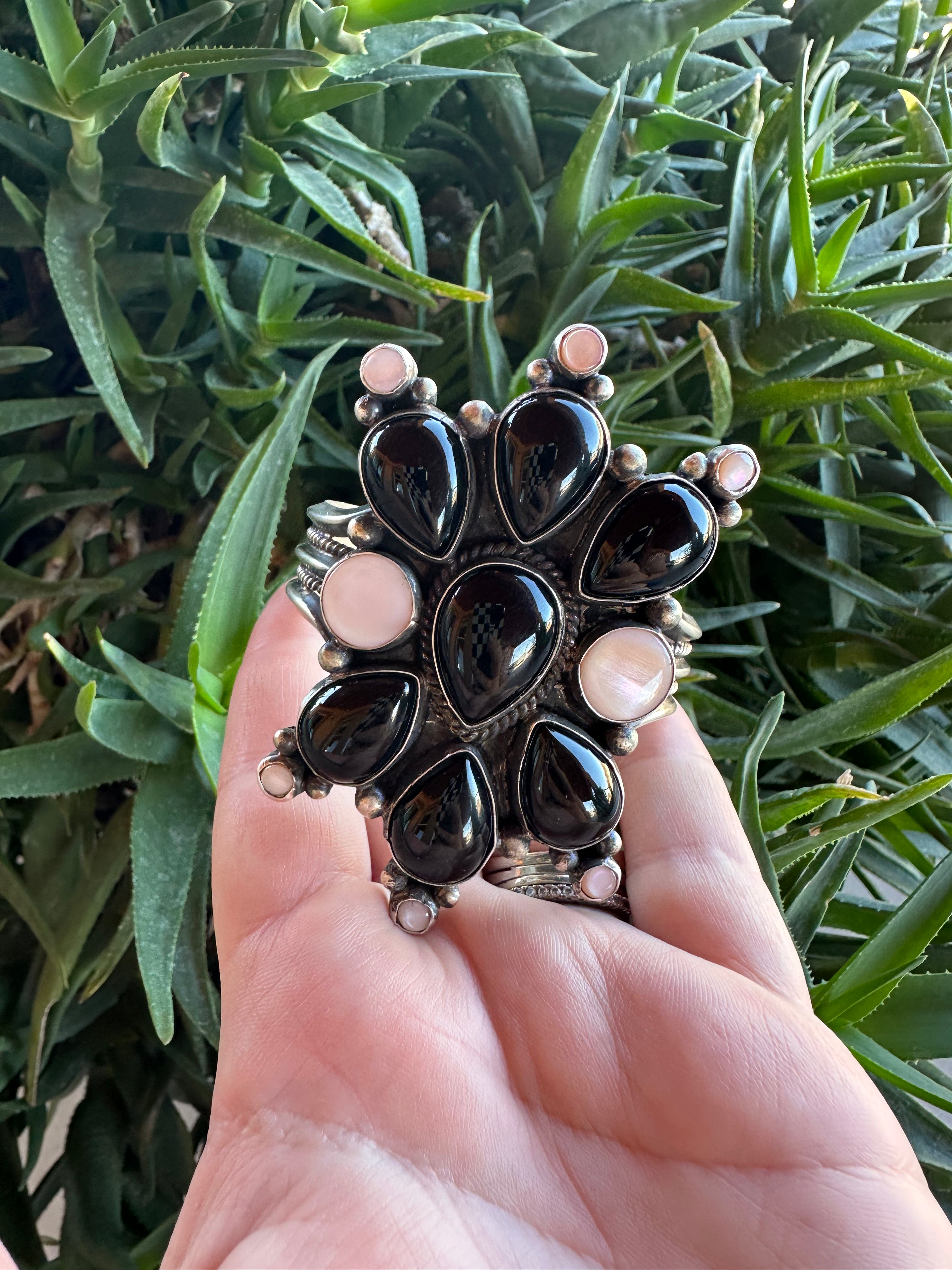 Sterling Silver, Black Onyx & Mother of Pearl Cluster Cuff Bracelet Signed /