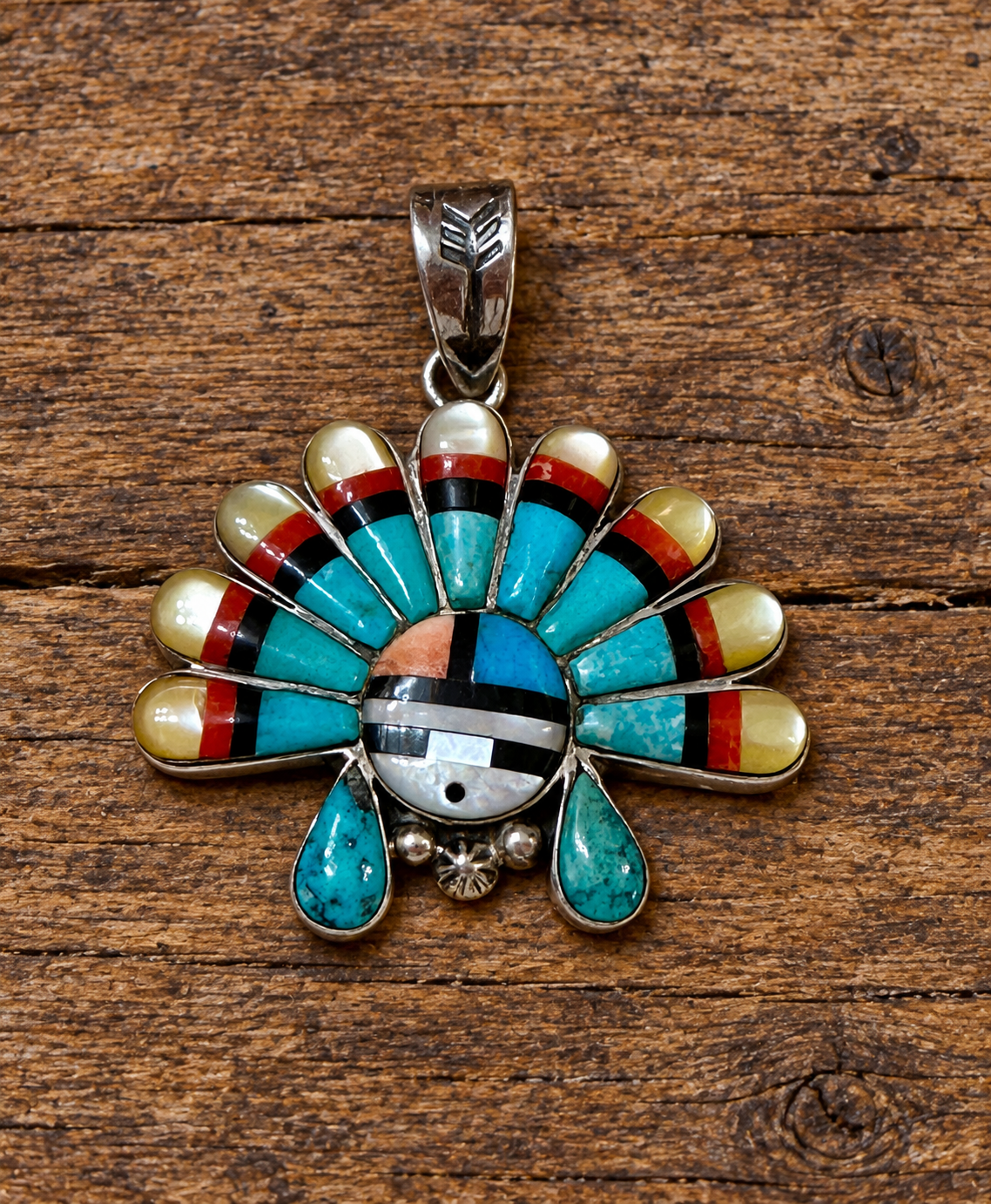 Handmade Sterling Silver Kachina Turquoise Pendant with Signed Nizhoni