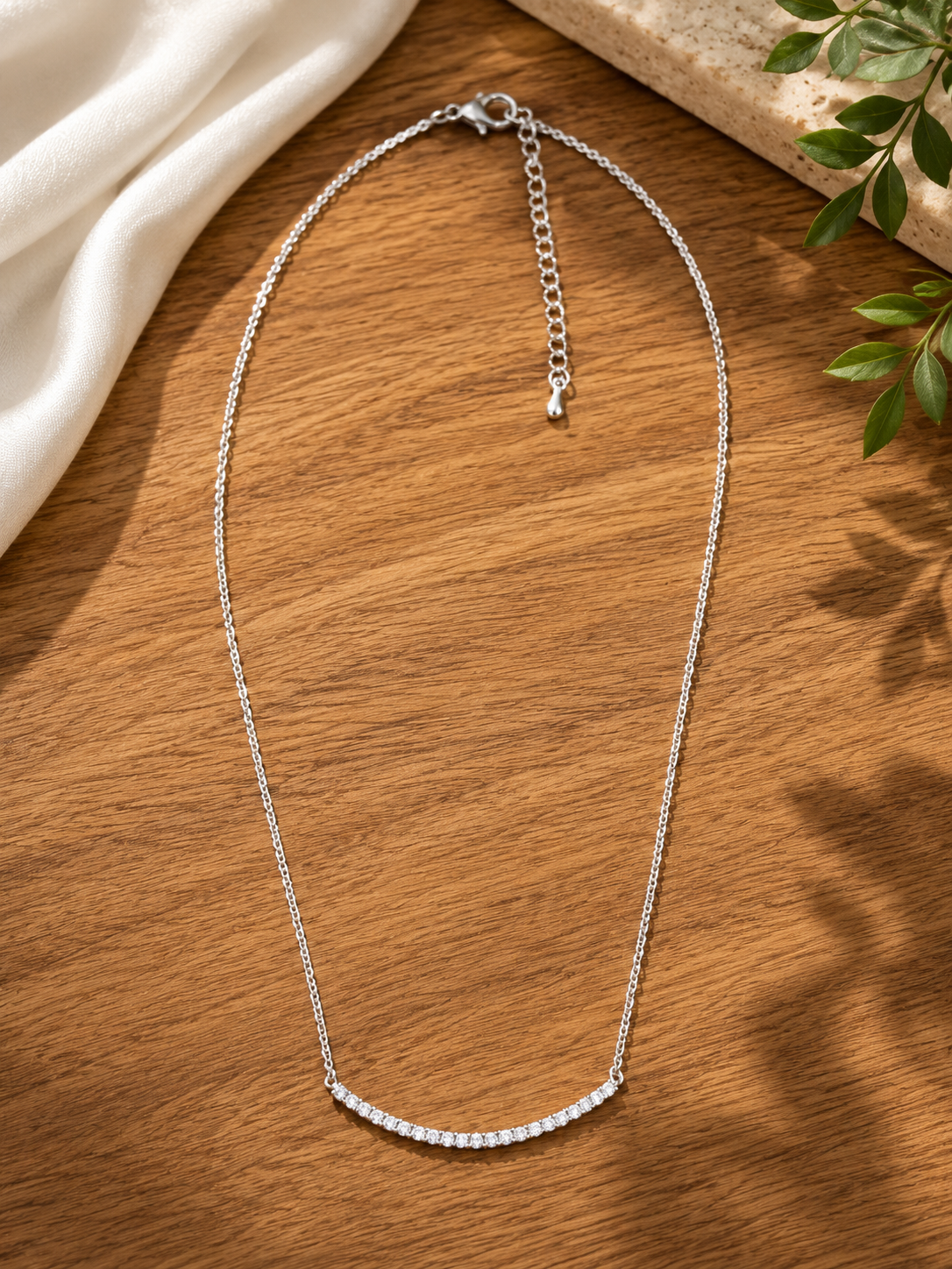 Silver Plated CZ Bar Smile Pendant Chain Necklace