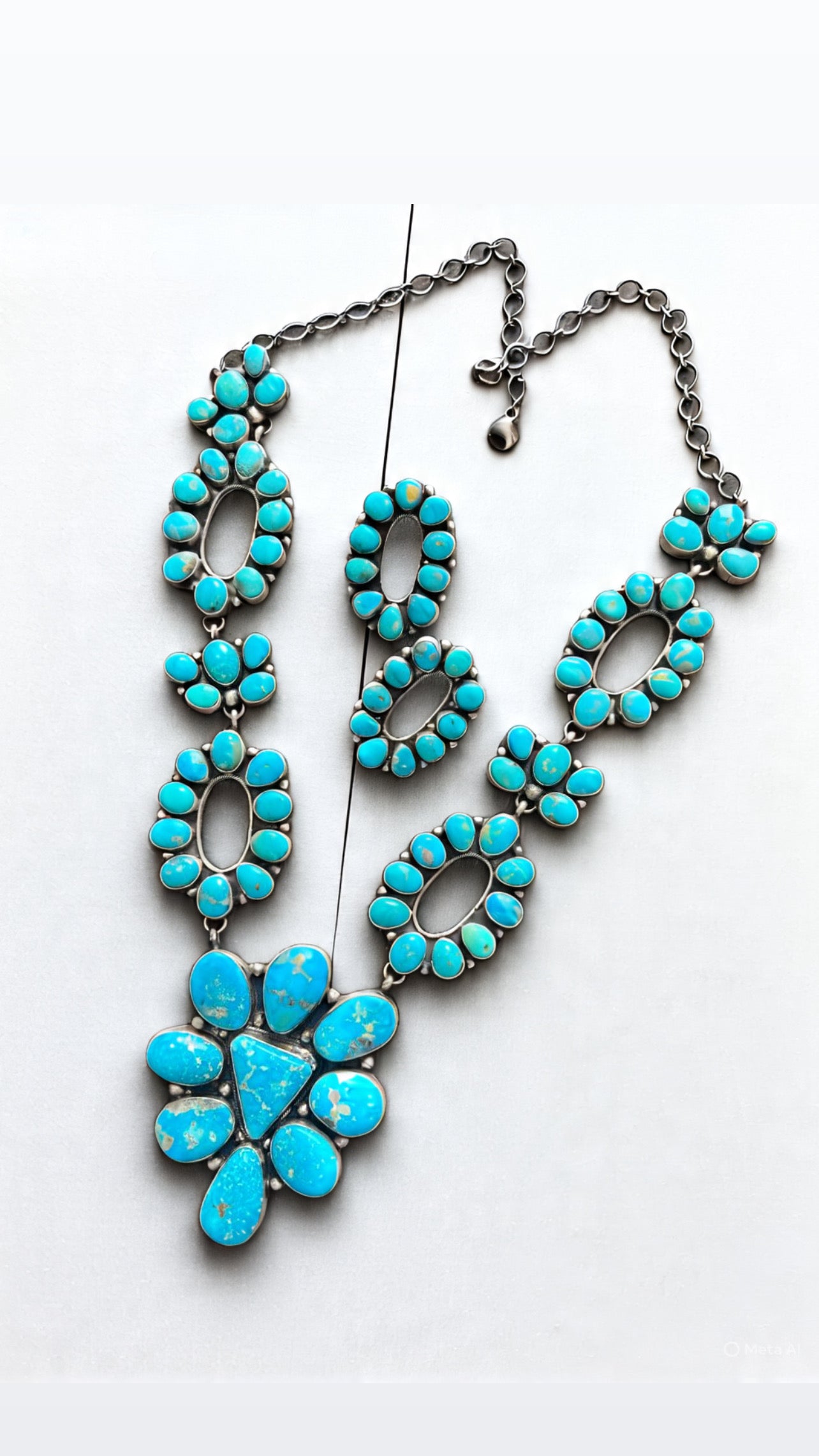 Handcrafted Sterling Silver and Whitewater Campitos Turquoise Cluster Necklace and Earring Set by Sheila Becenti